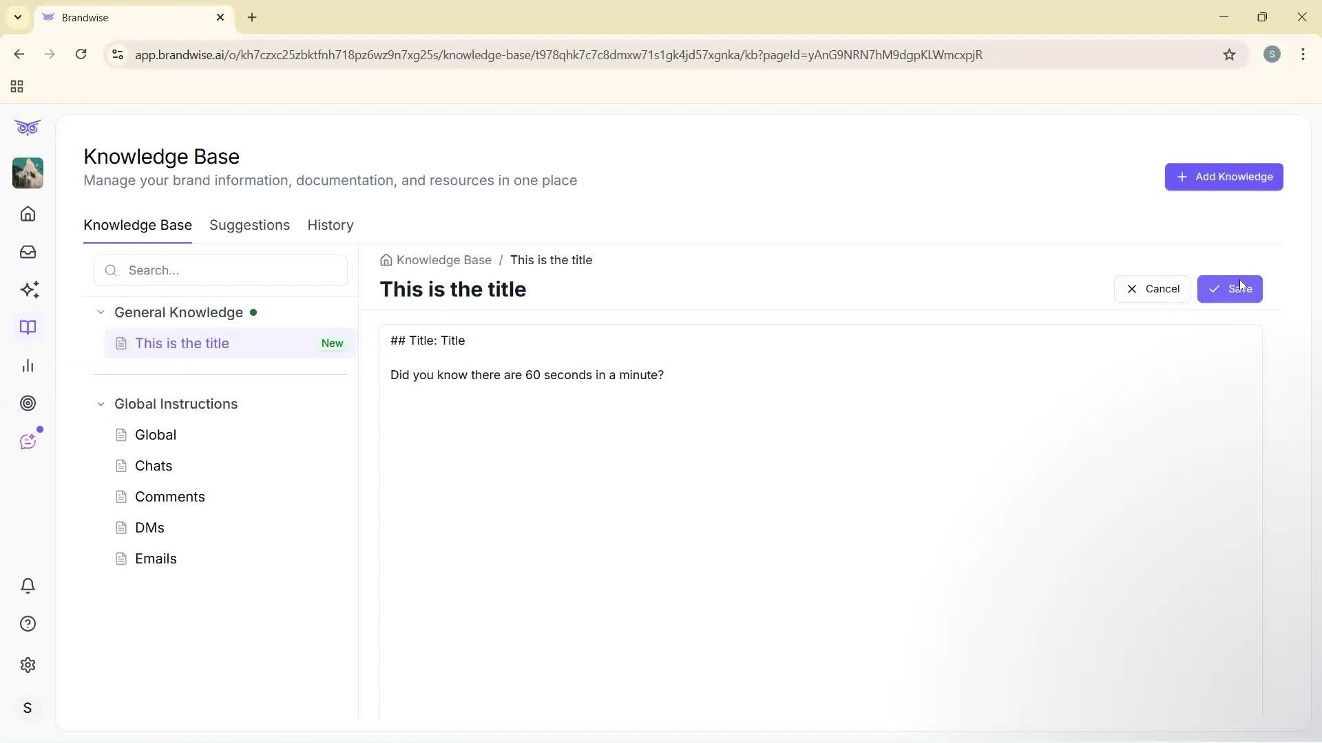 Creating a knowledge base screenshot