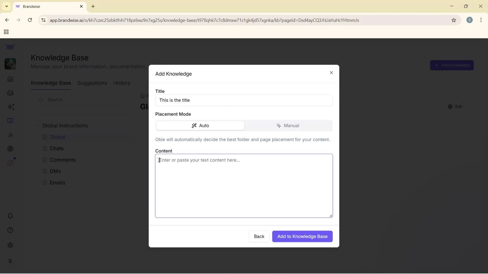 Creating a knowledge base screenshot