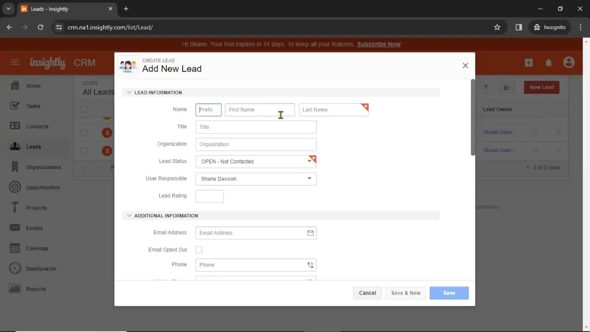 Adding leads screenshot