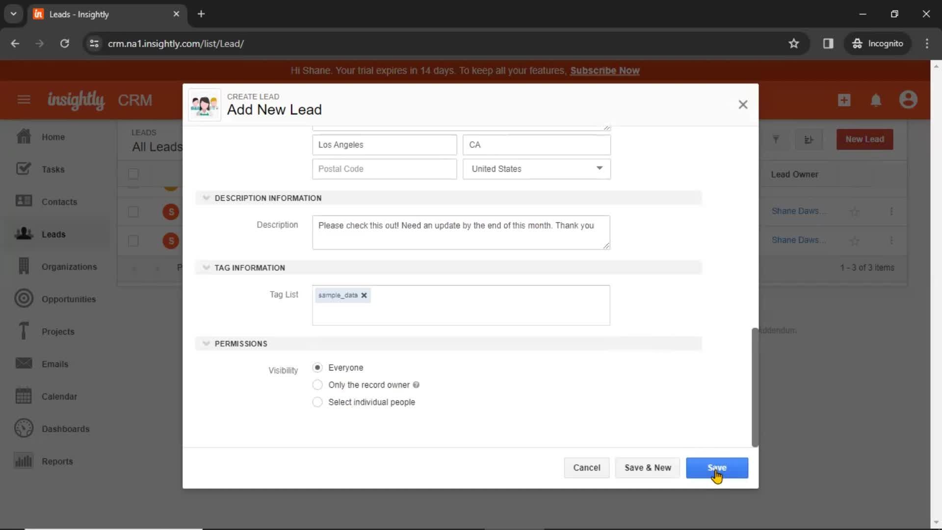 Adding leads screenshot