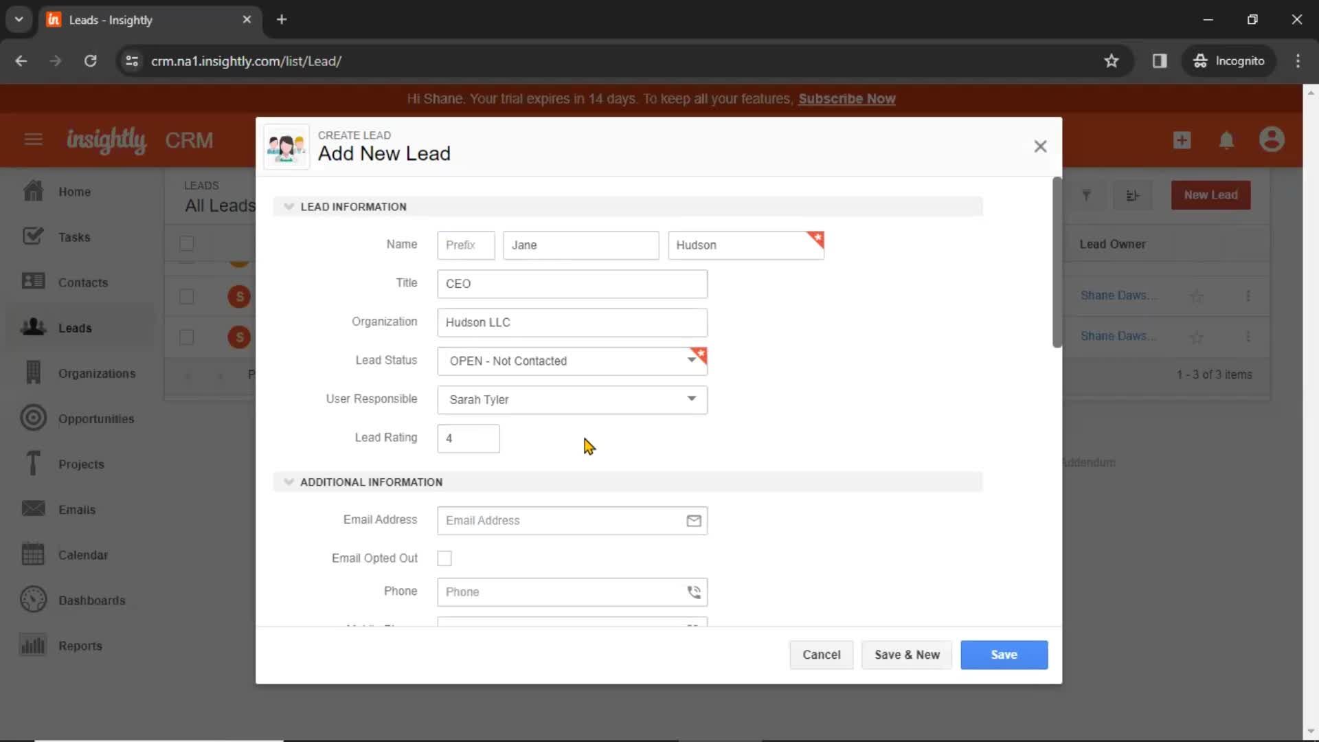 Adding leads screenshot