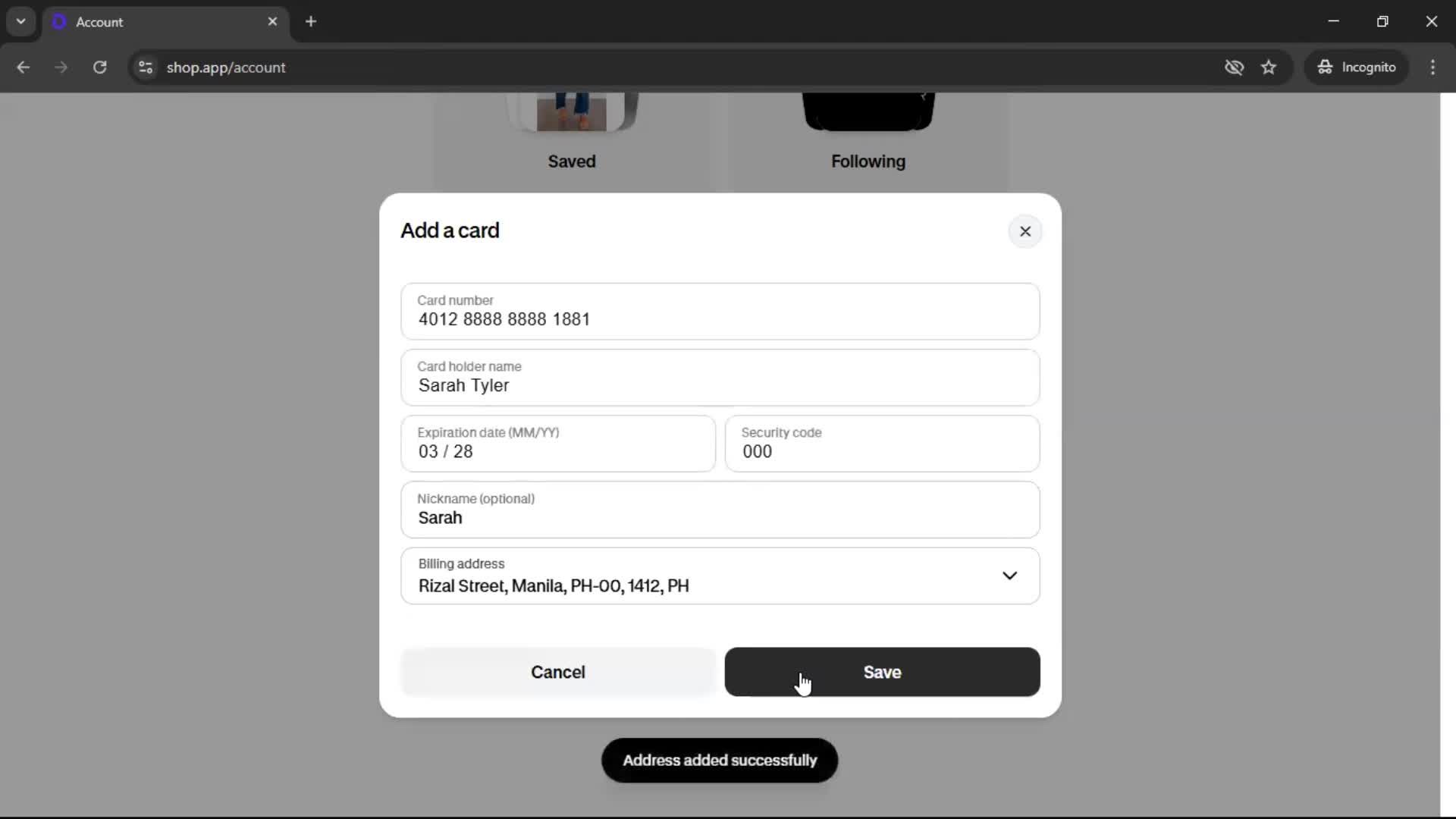 Adding payment details screenshot
