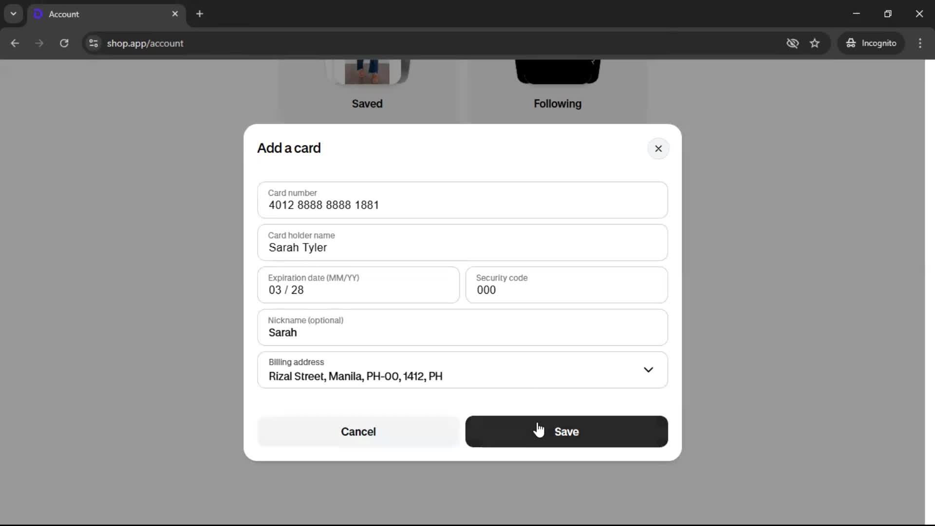 Adding payment details screenshot