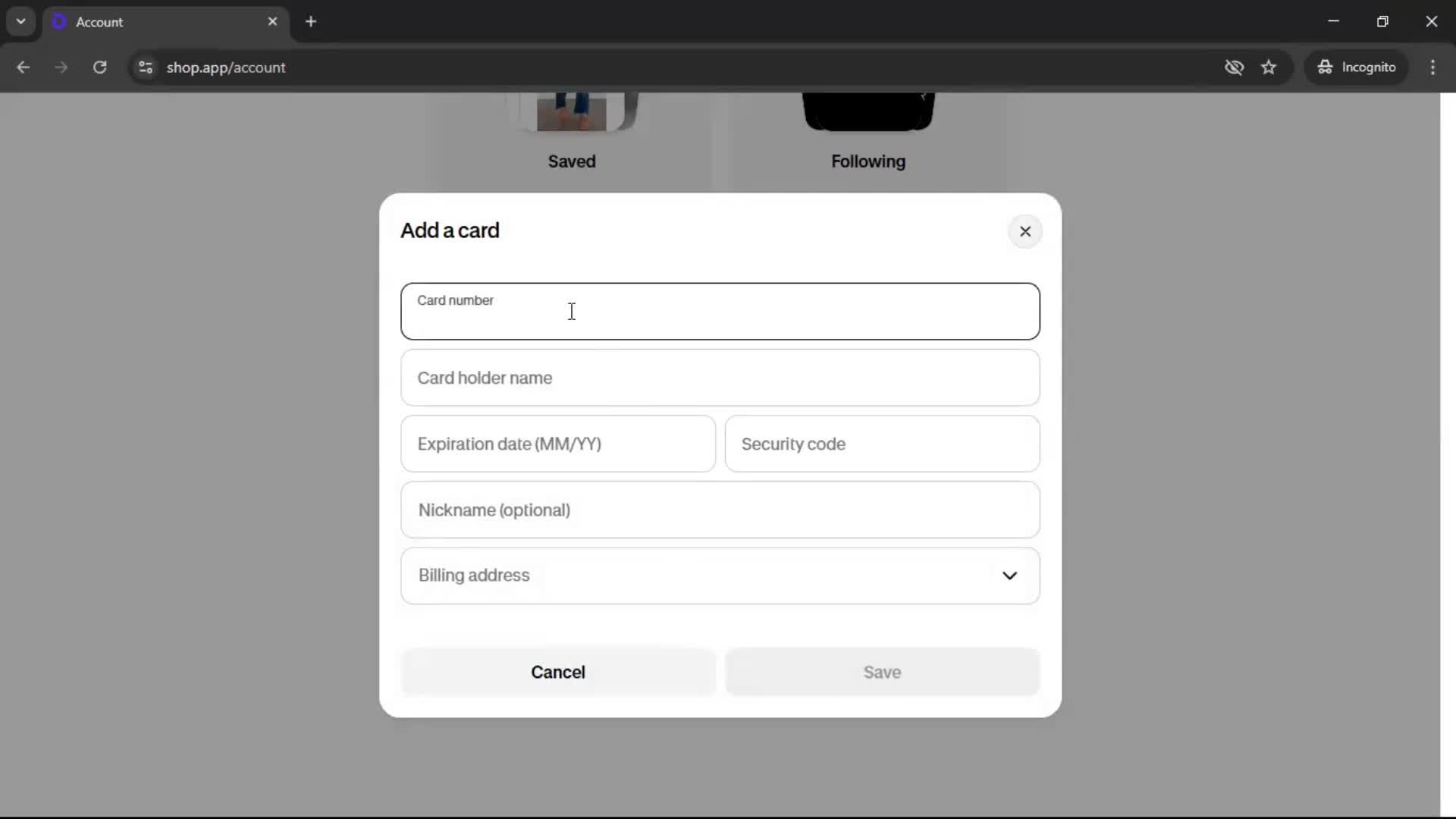 Adding payment details screenshot