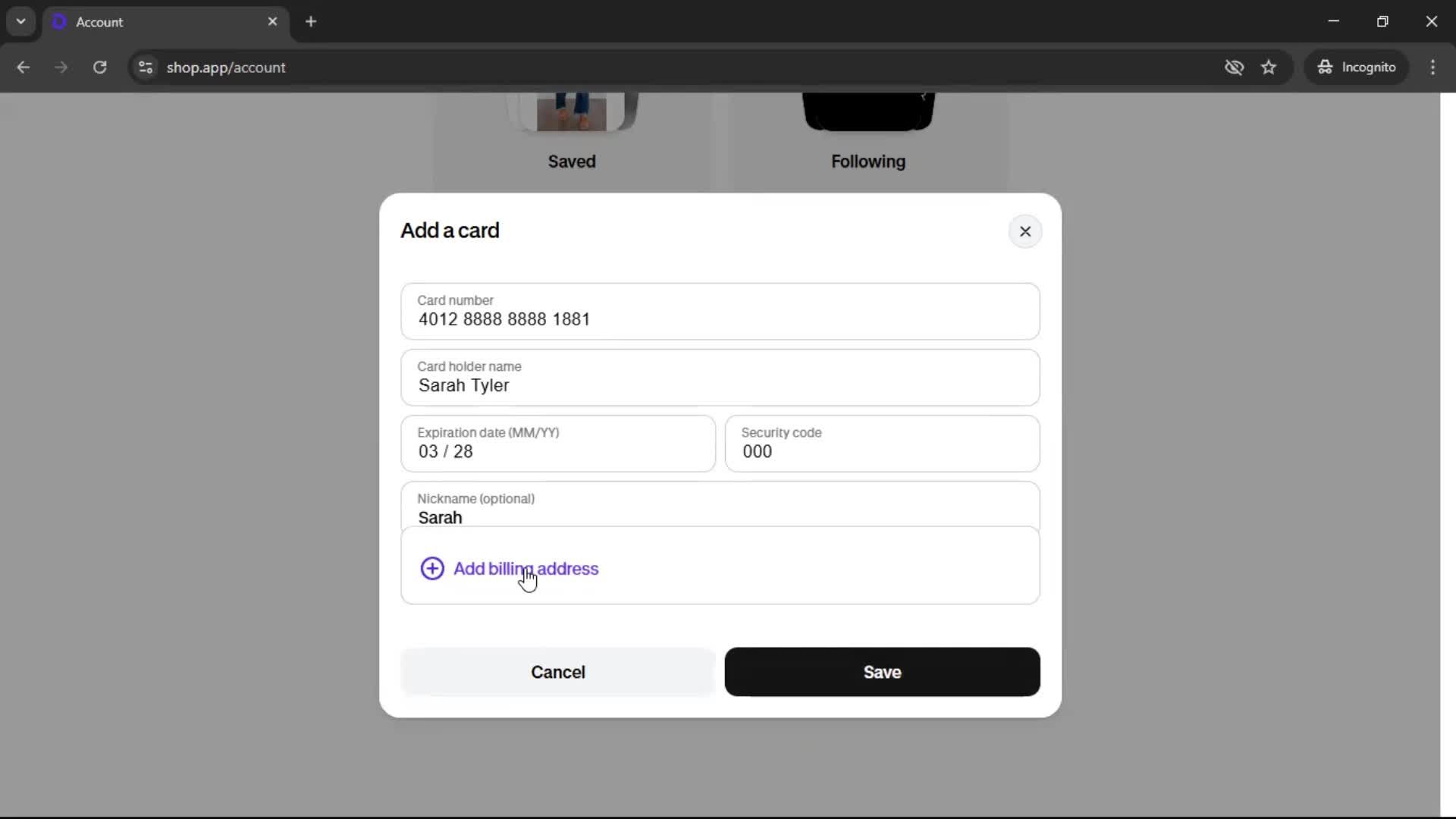 Adding payment details screenshot