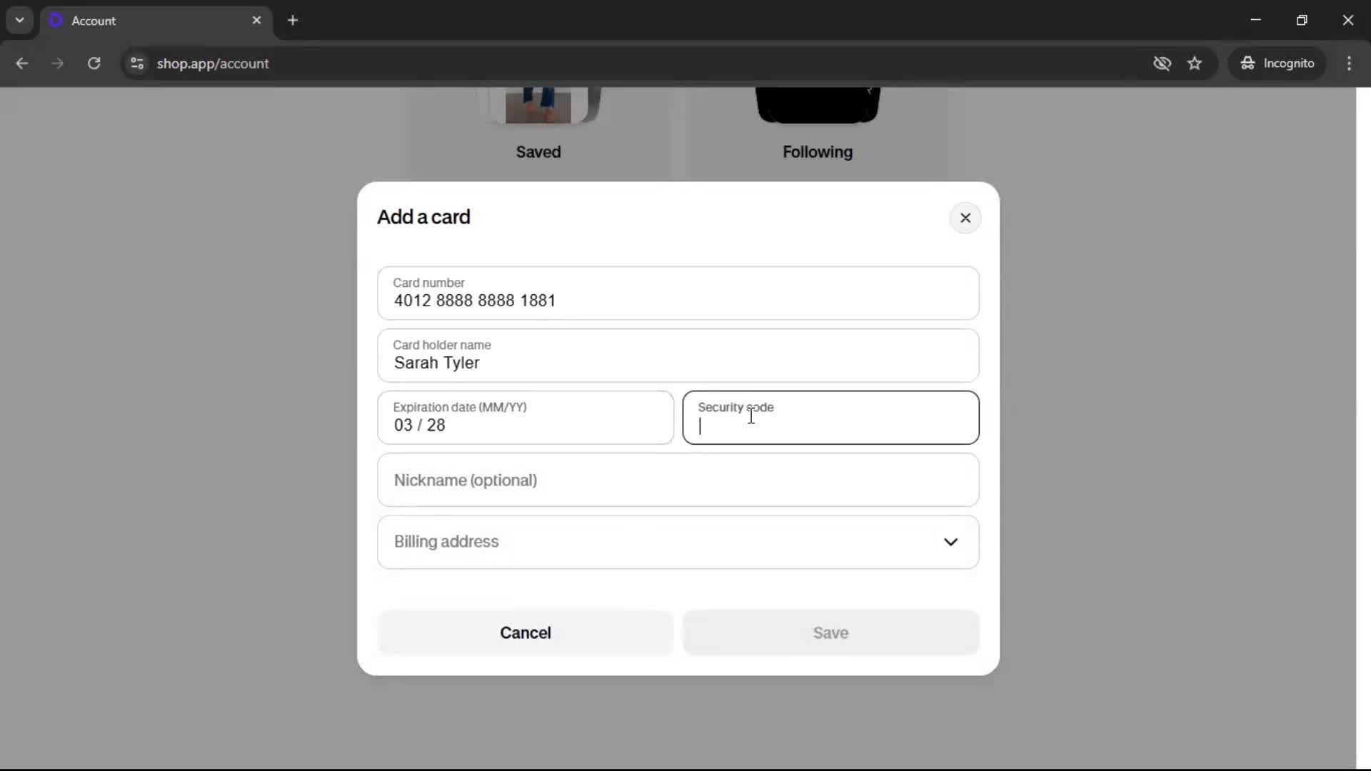 Adding payment details screenshot