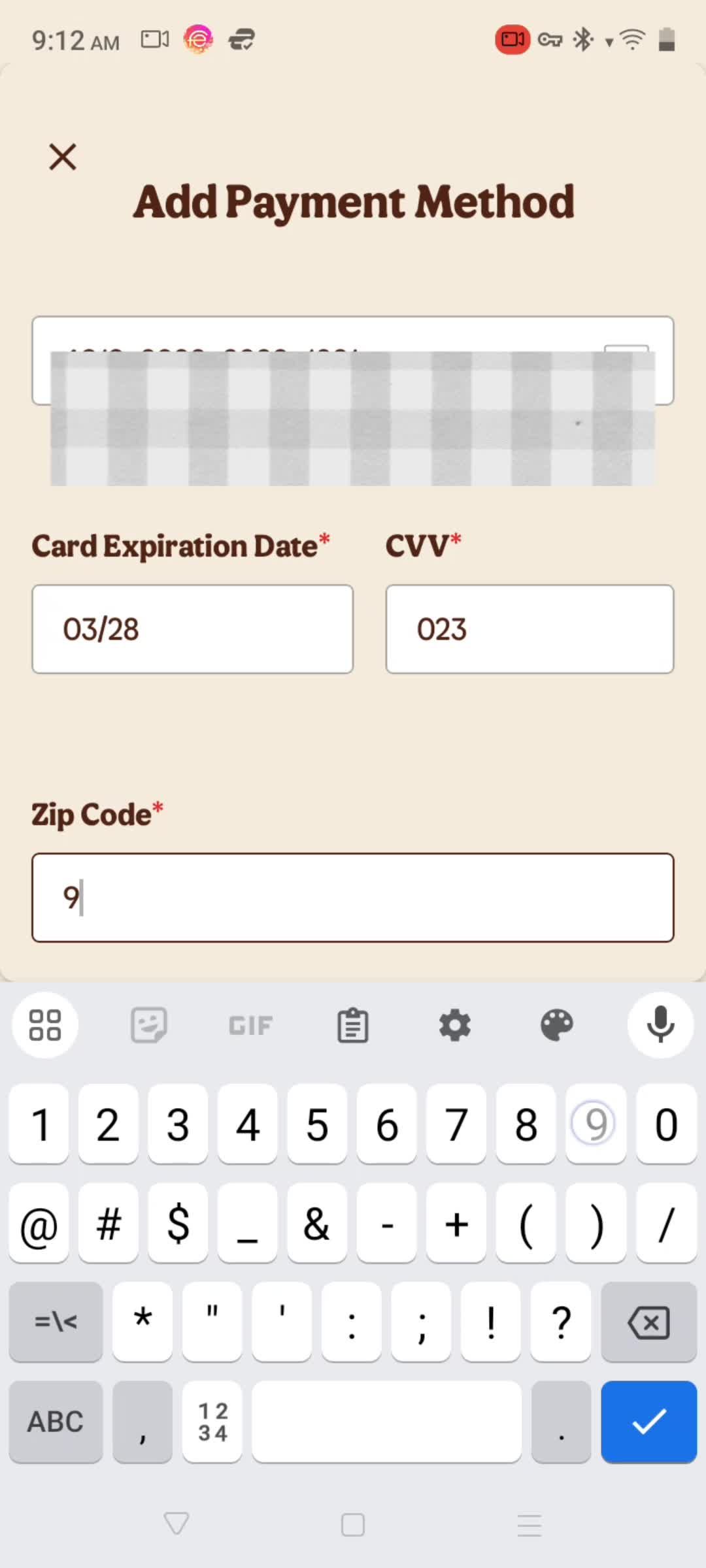 Adding a payment method screenshot