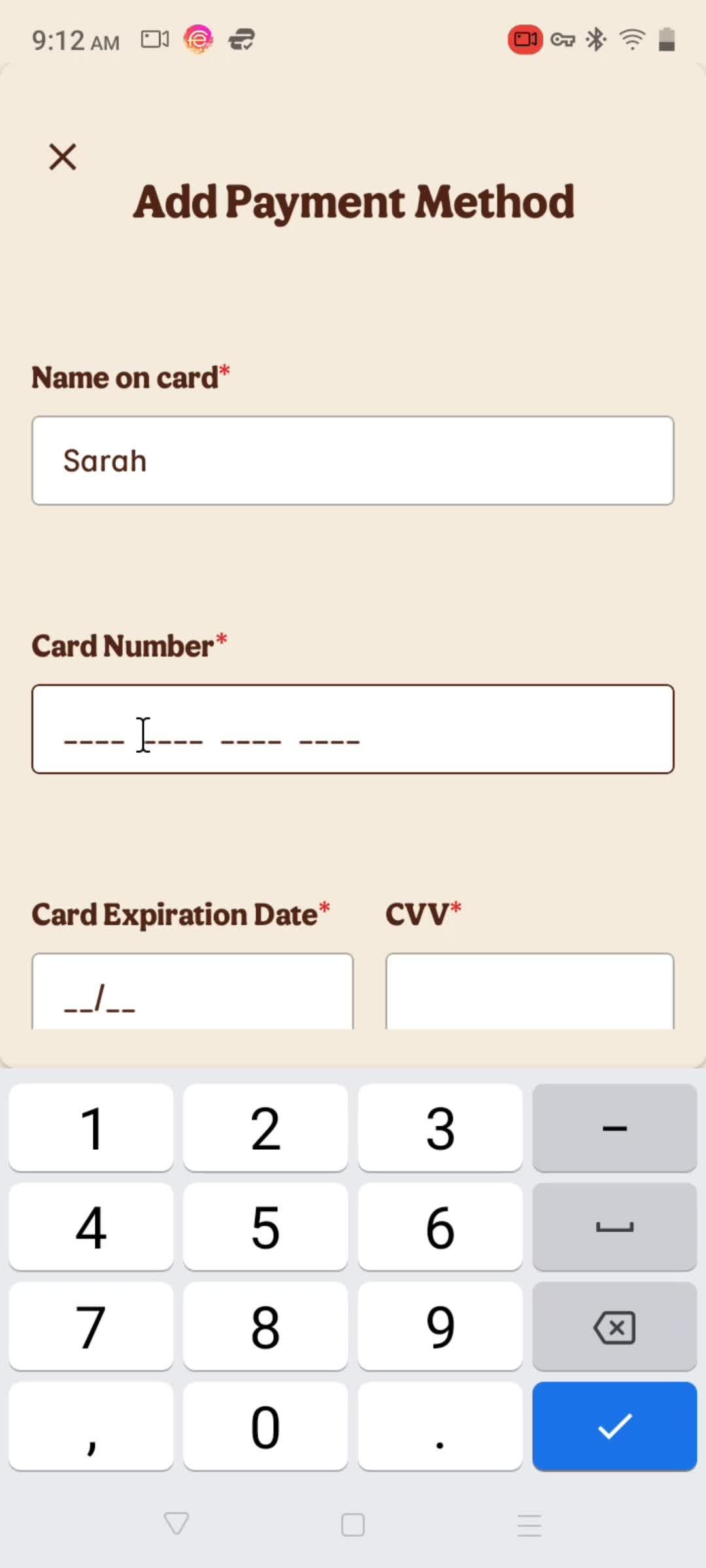 Adding a payment method screenshot