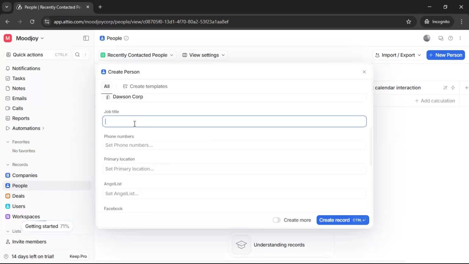 Creating new contact screenshot
