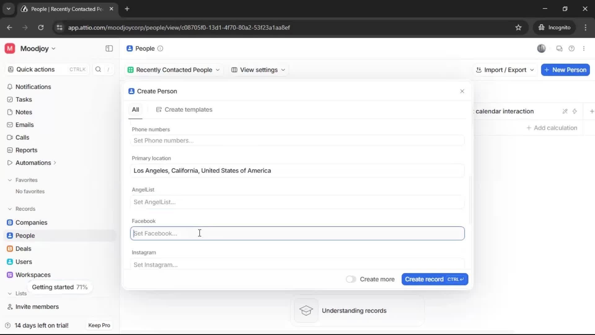 Creating new contact screenshot