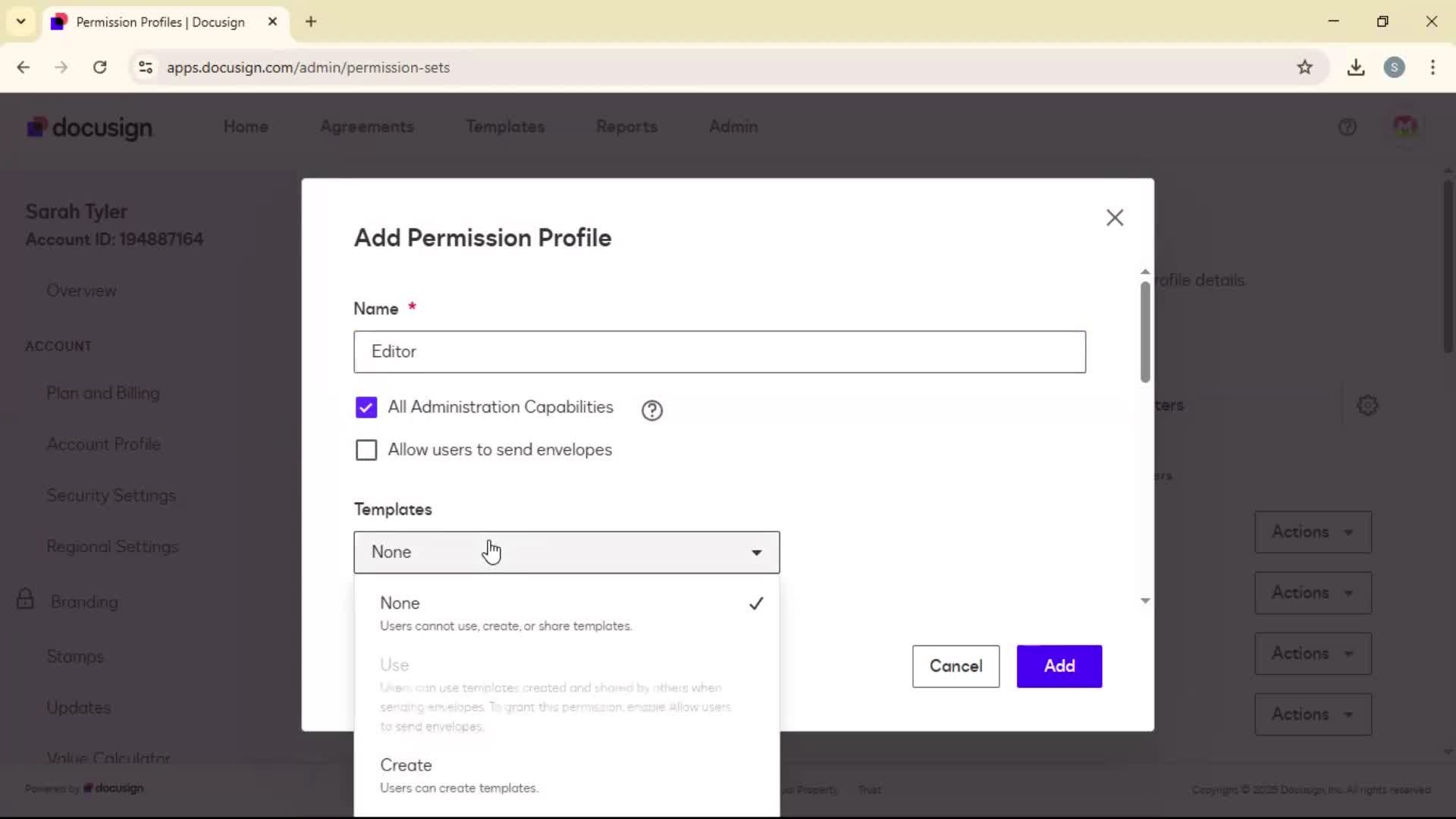 Adding permission profile screenshot