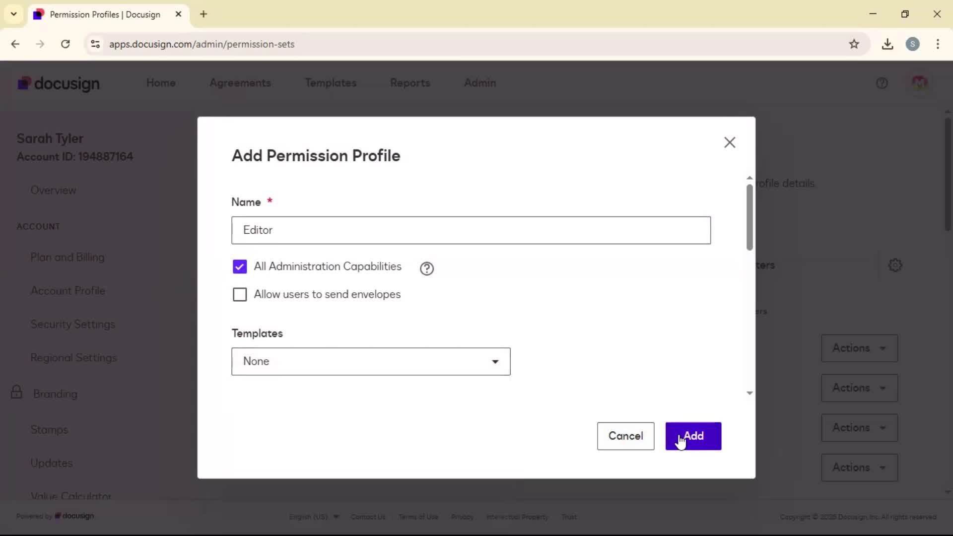 Adding permission profile screenshot