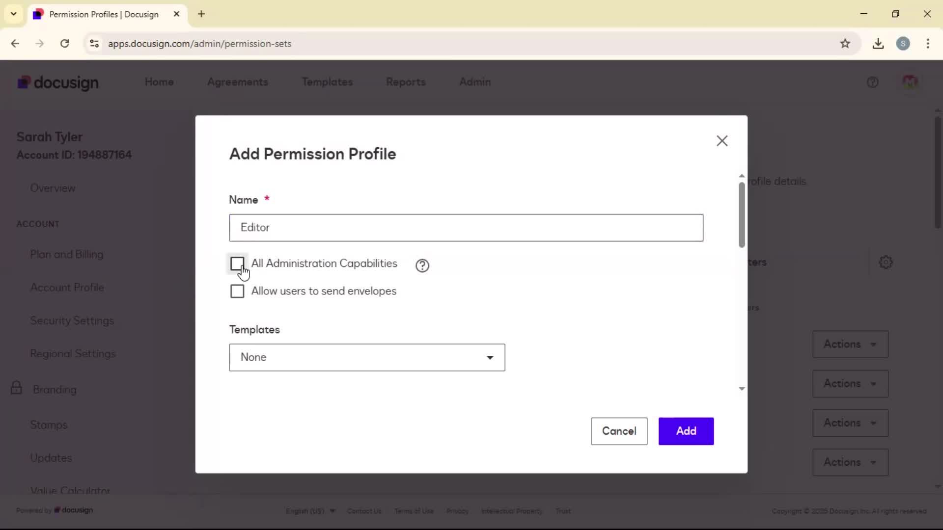 Adding permission profile screenshot