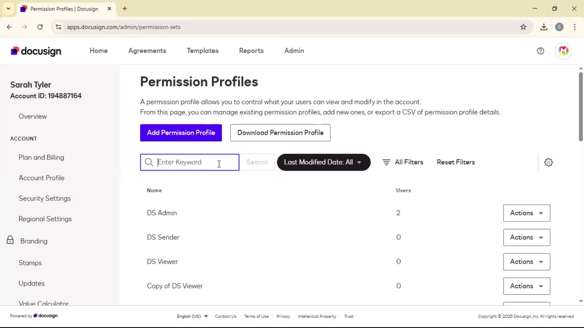 Adding permission profile on Docusign video thumbnail