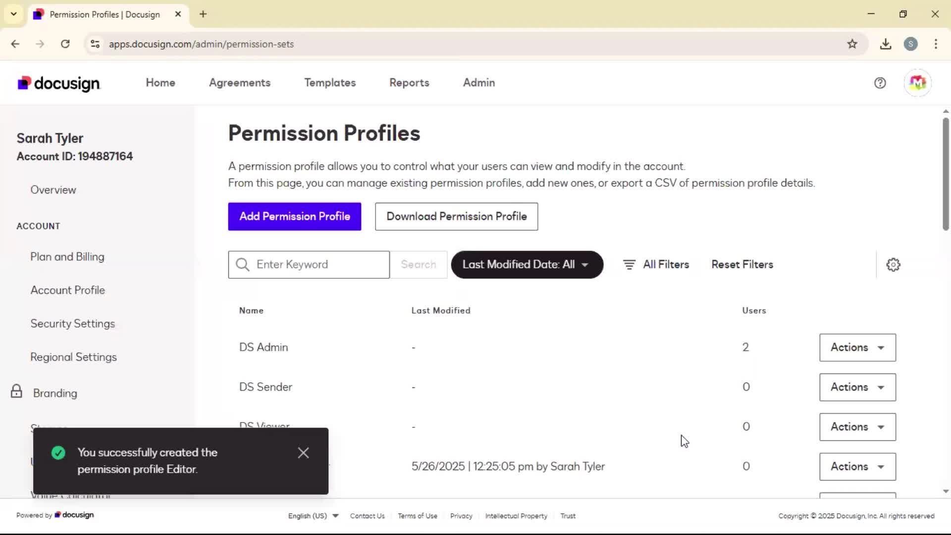 Adding permission profile on Docusign video thumbnail