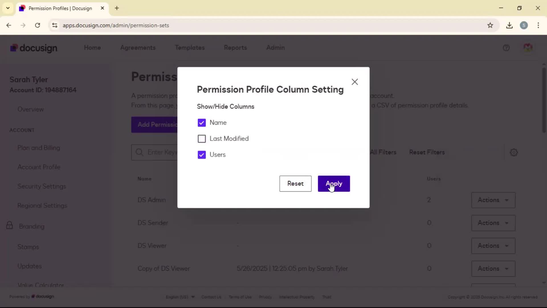 Adding permission profile screenshot