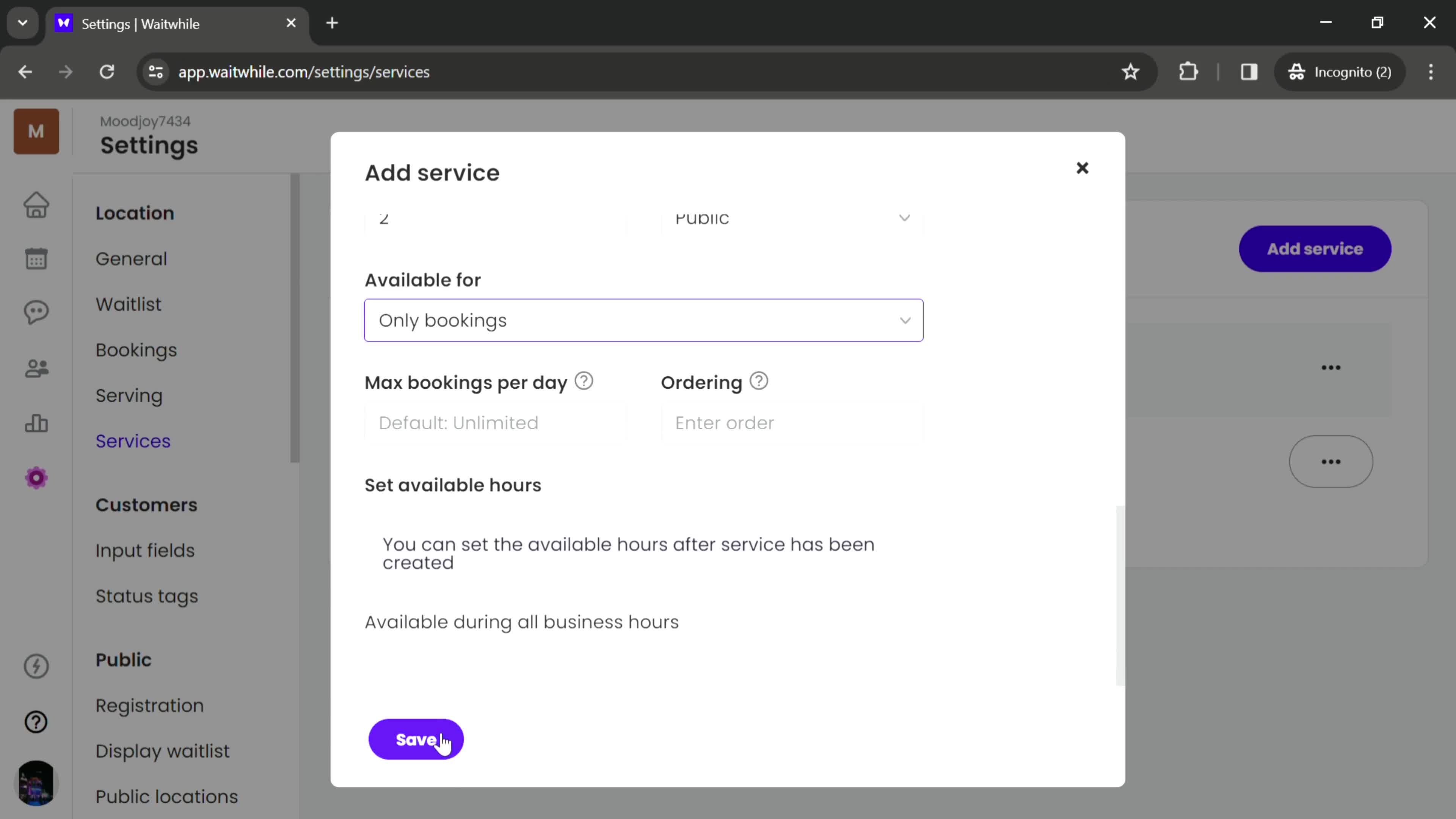 Adding services screenshot