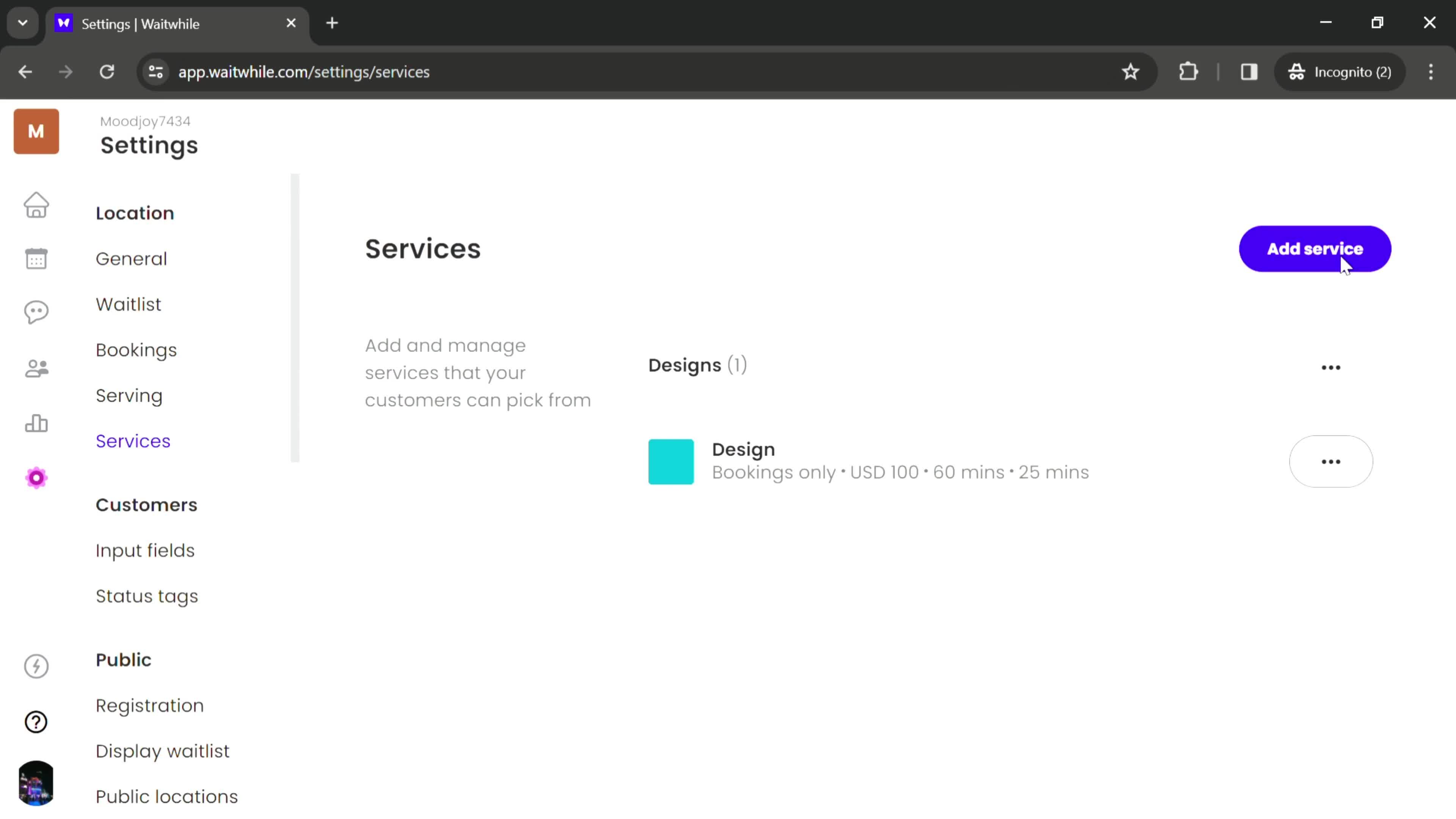 Adding services screenshot