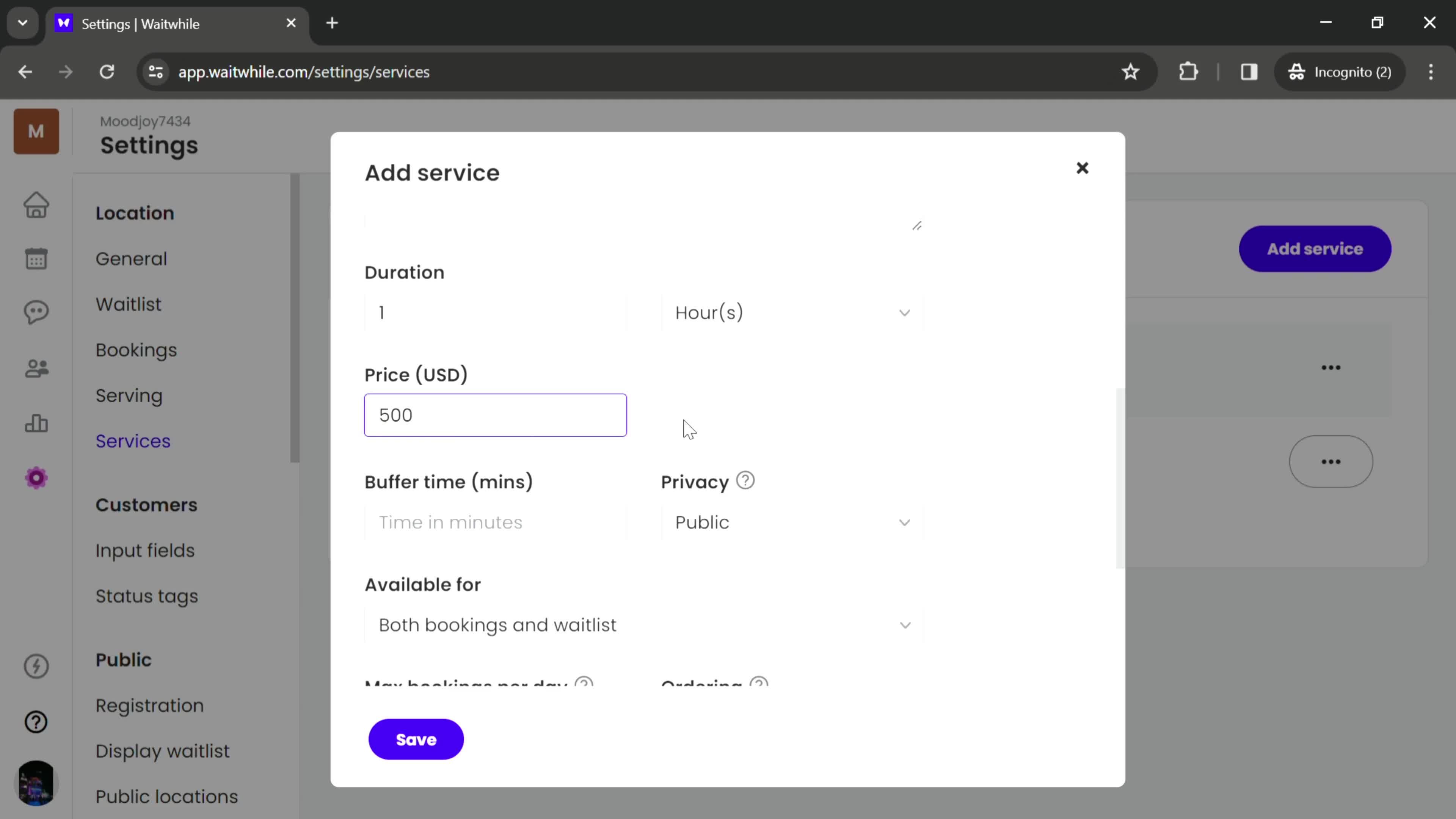 Adding services screenshot