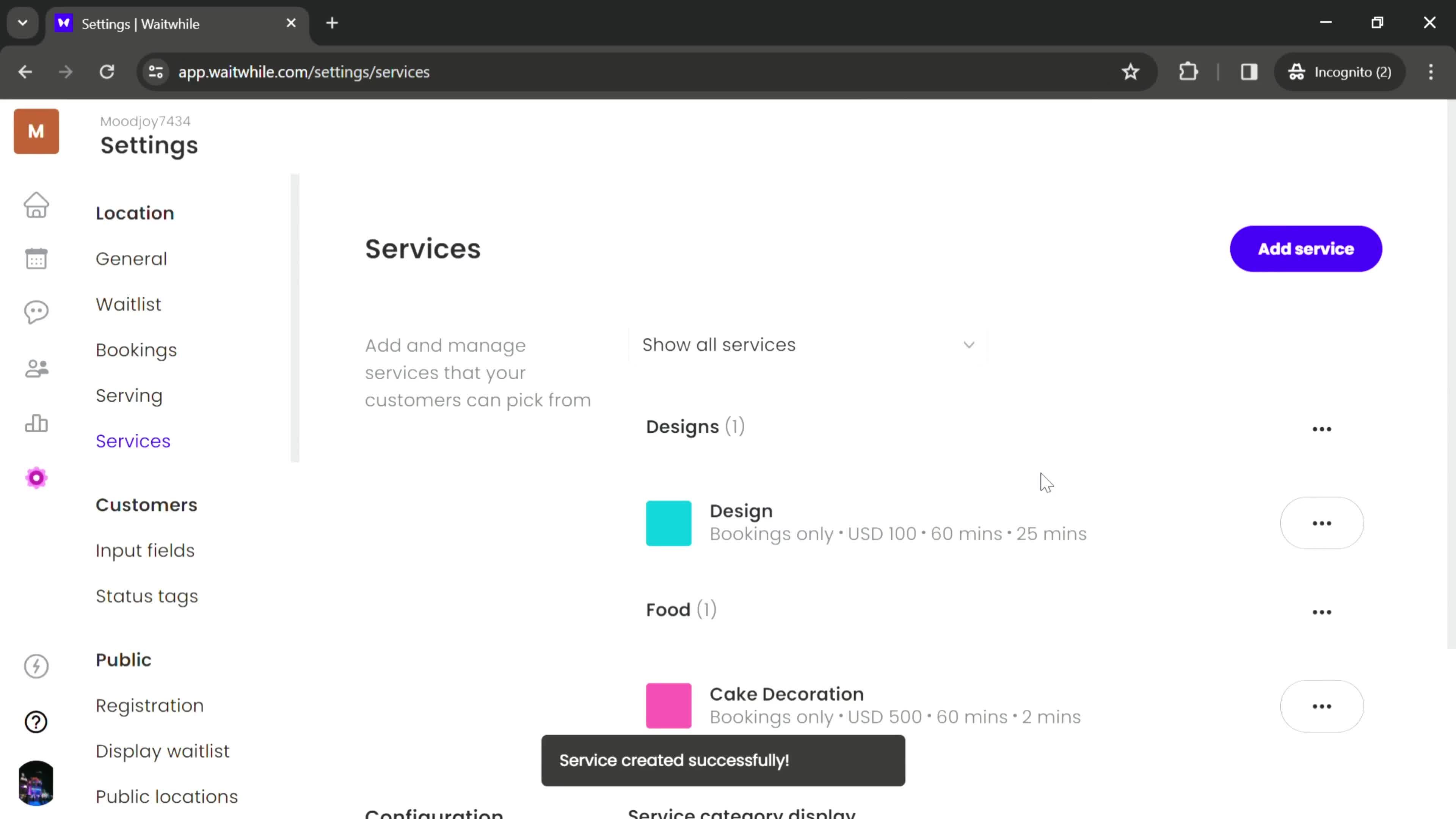 Adding services screenshot