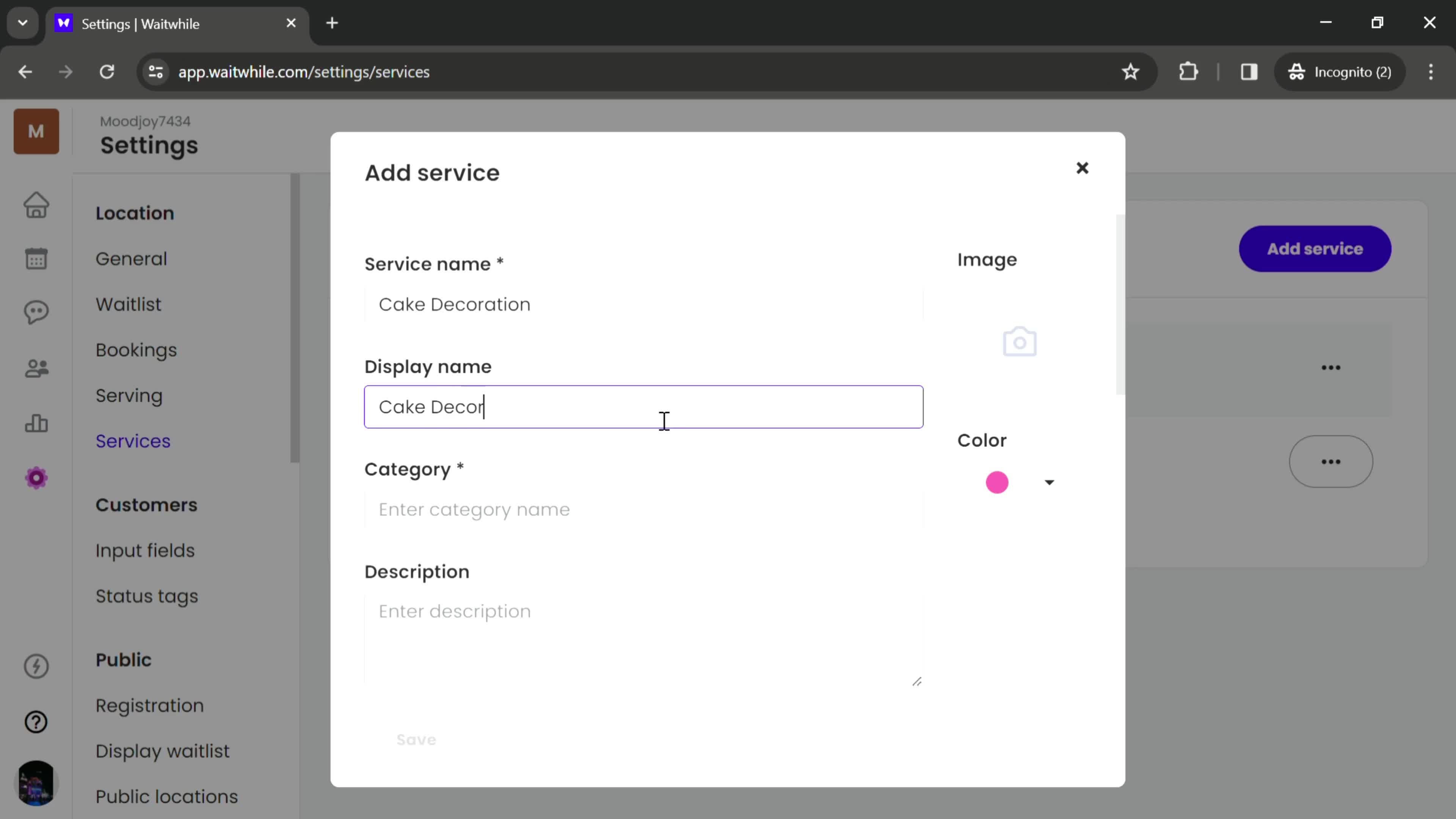 Adding services screenshot