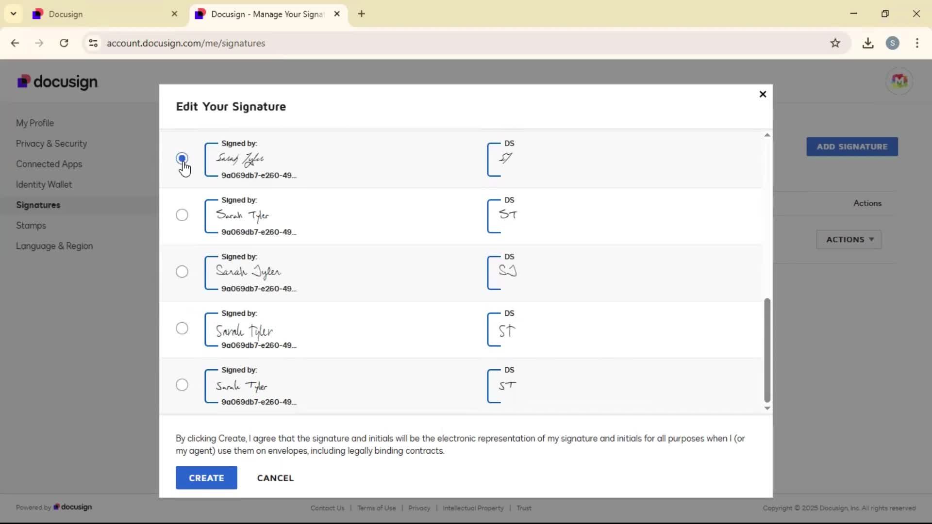 Adding a signature screenshot