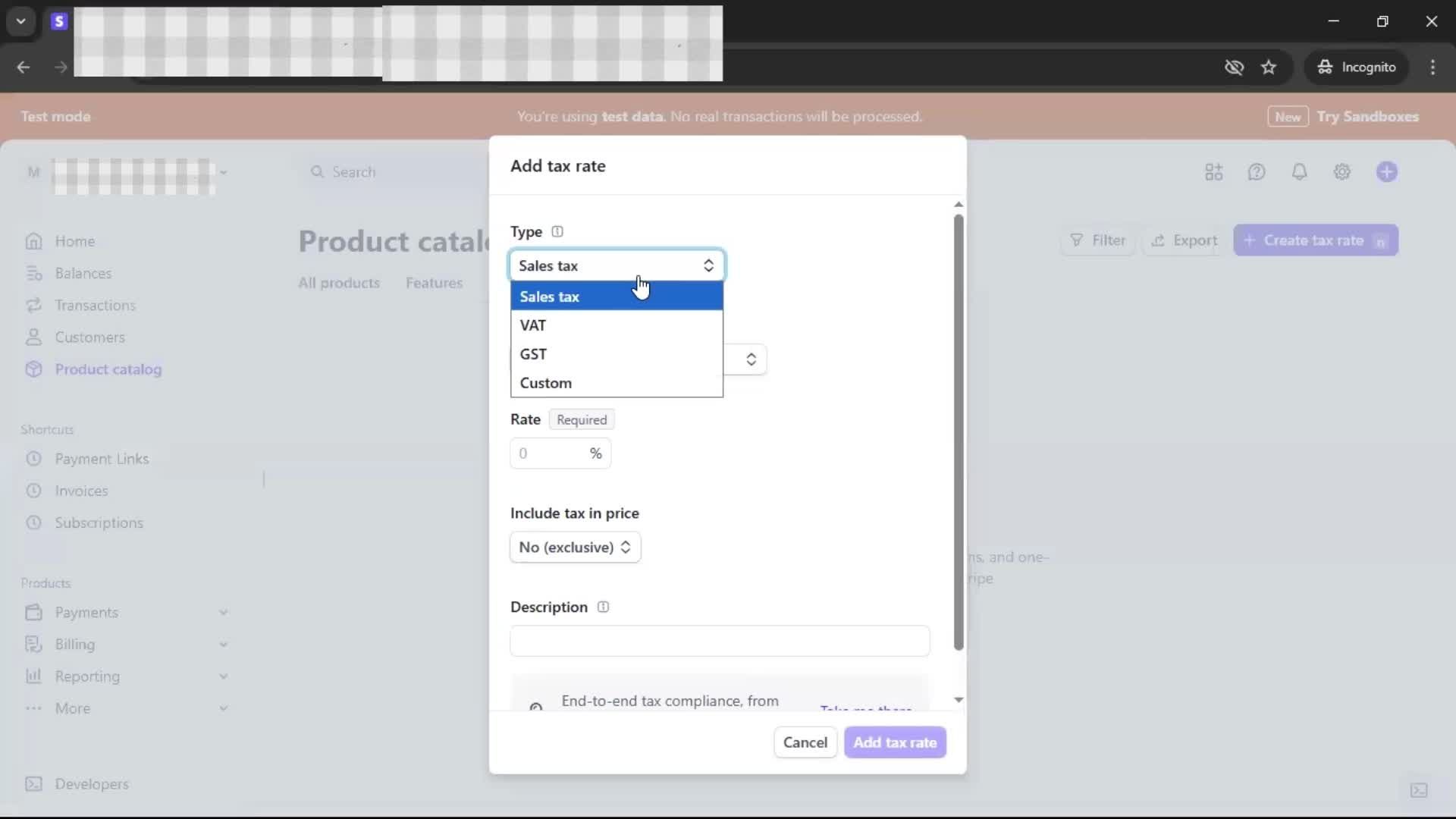 Adding tax rate screenshot