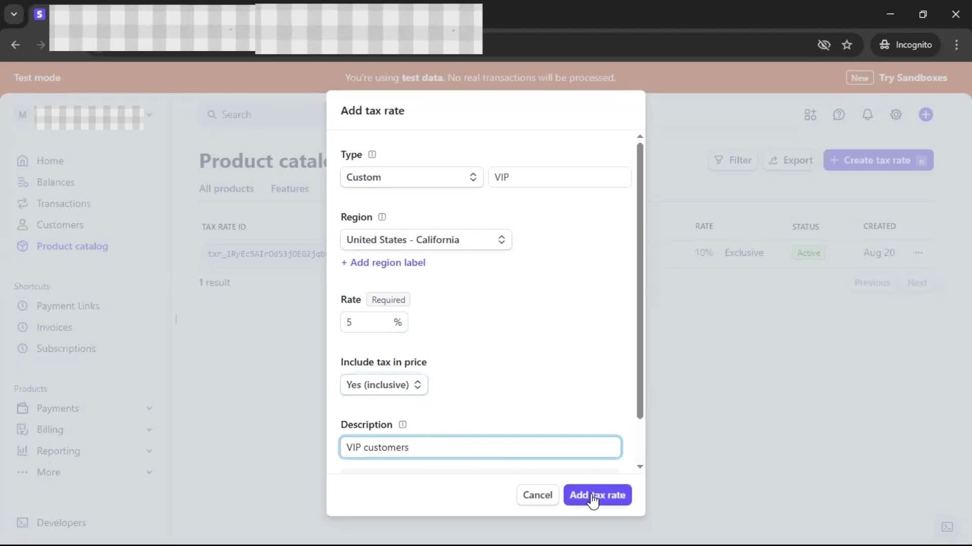 Adding tax rate screenshot