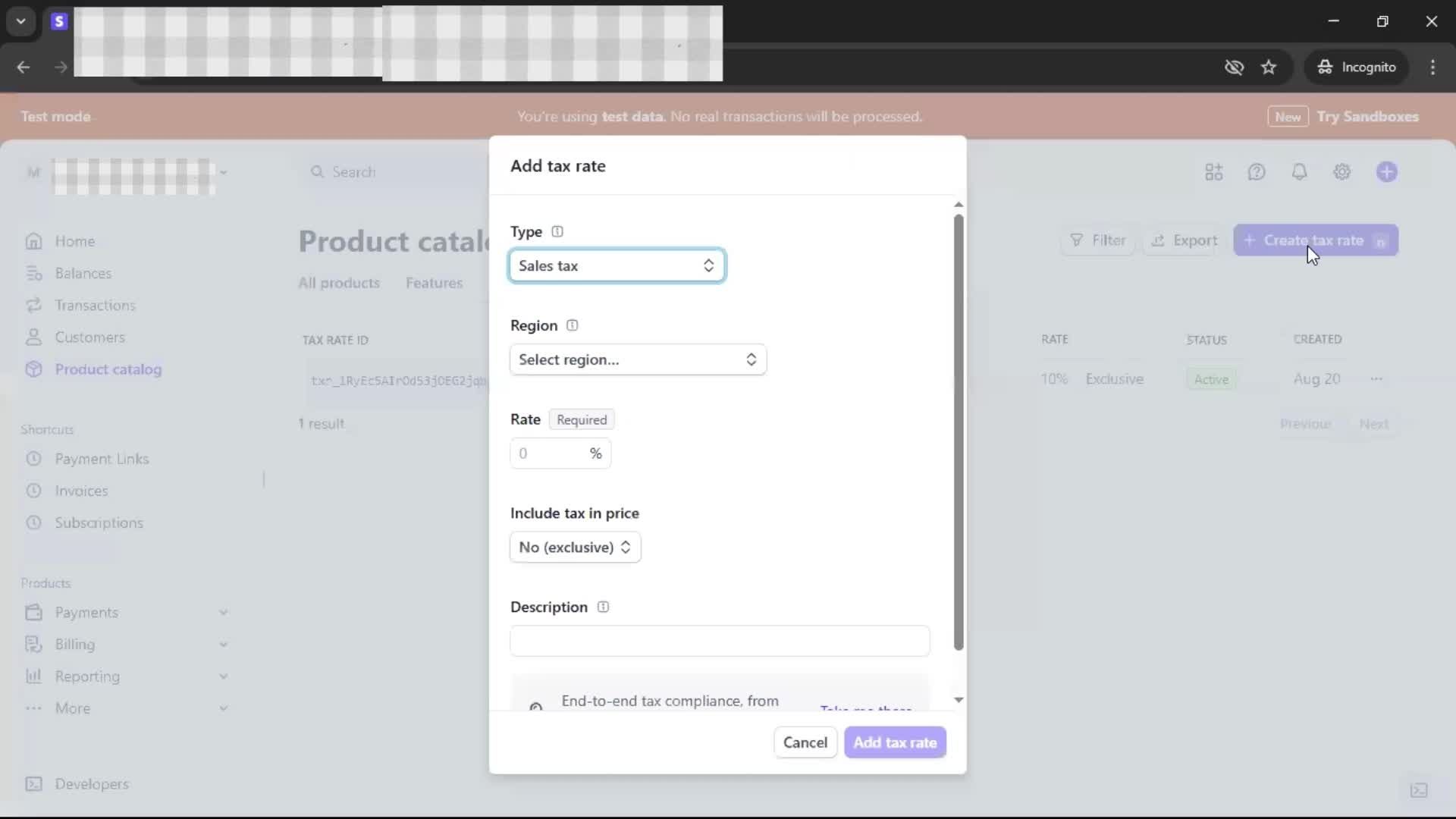 Adding tax rate screenshot