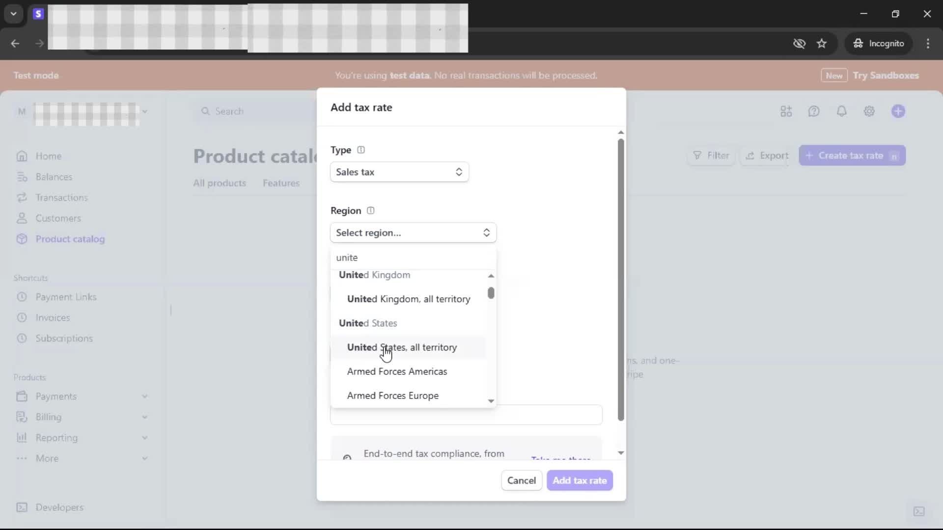 Adding tax rate screenshot
