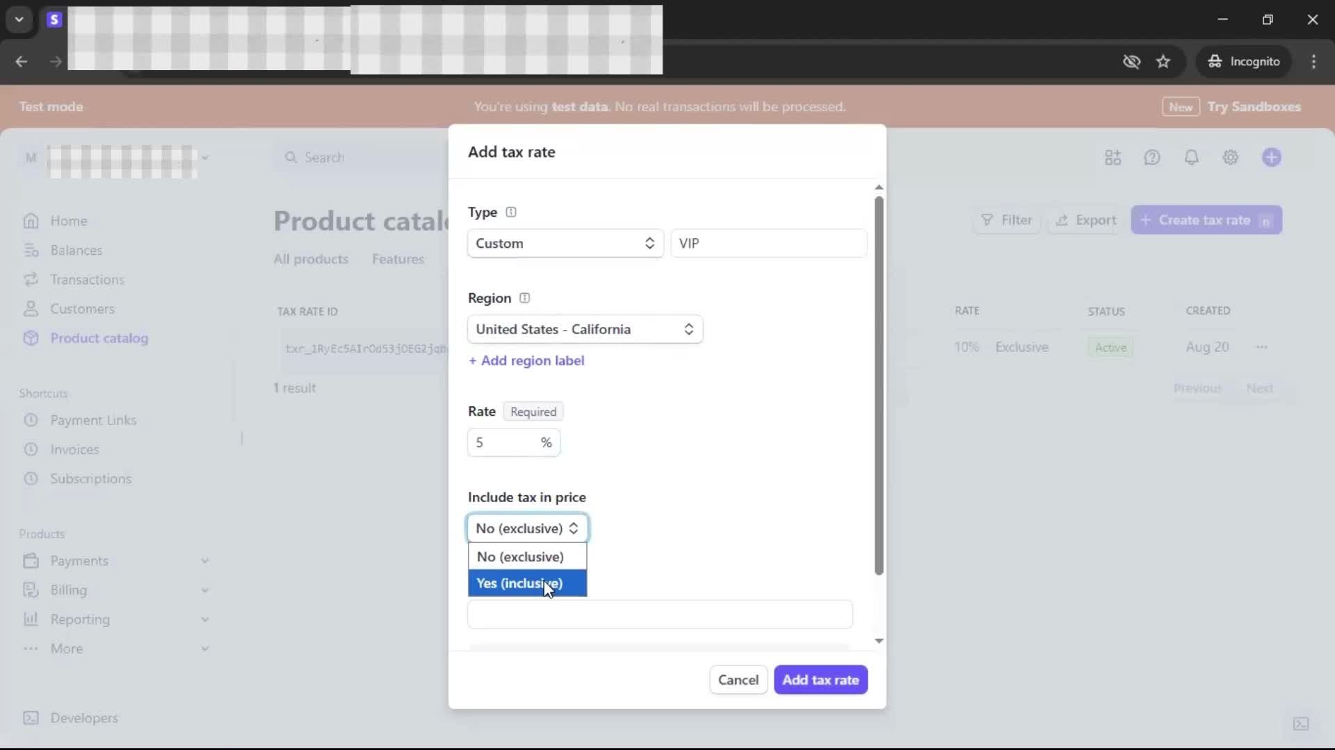 Adding tax rate screenshot