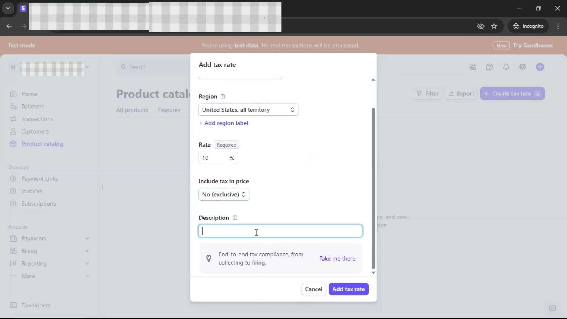 Adding tax rate screenshot
