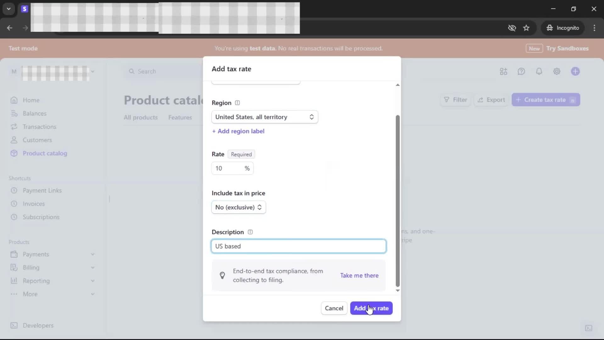 Adding tax rate screenshot
