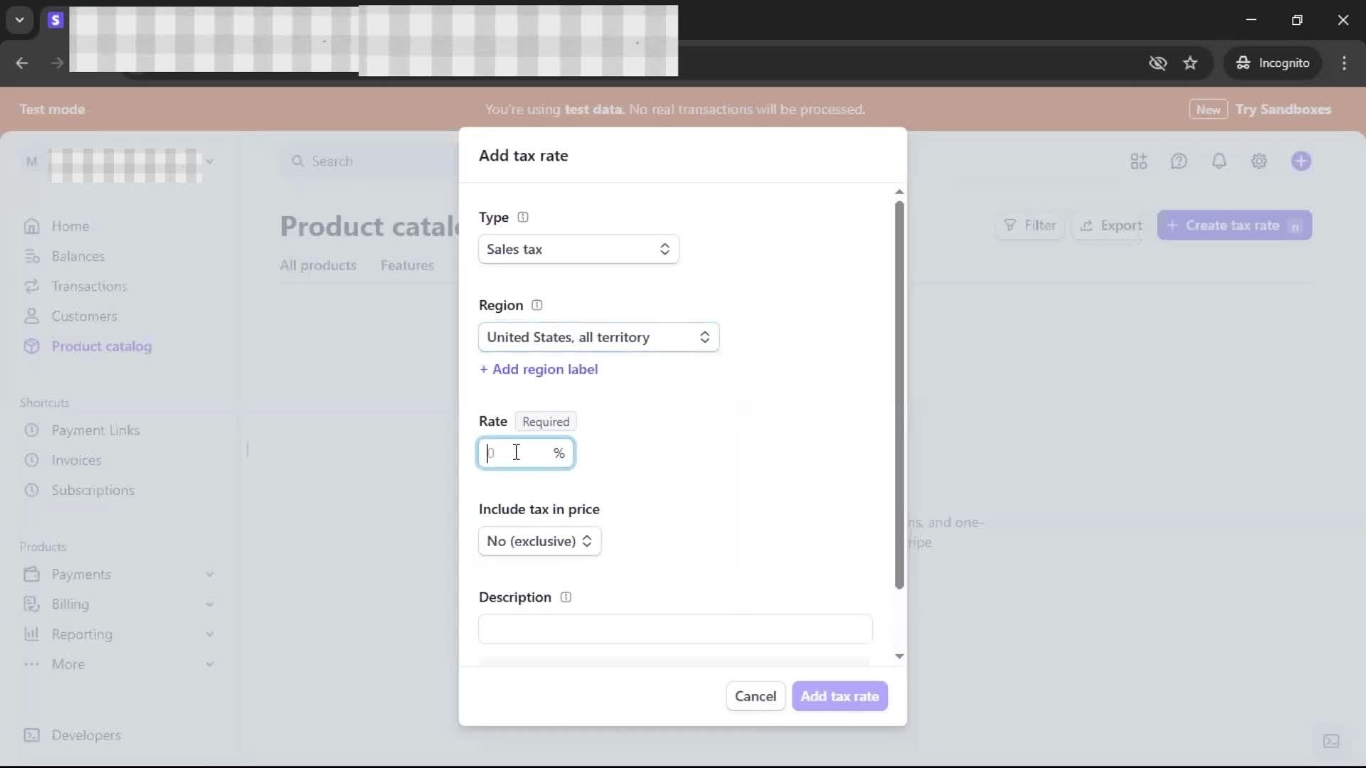 Adding tax rate screenshot