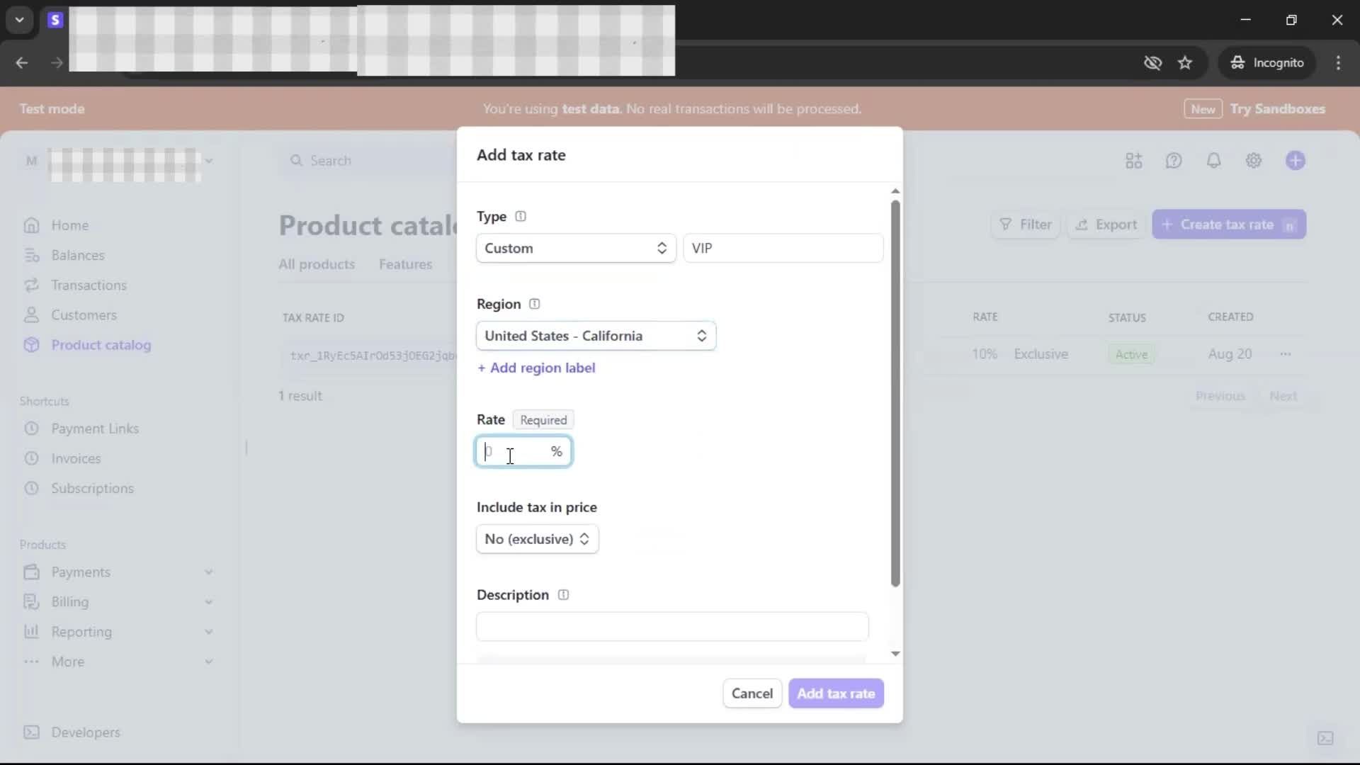 Adding tax rate screenshot