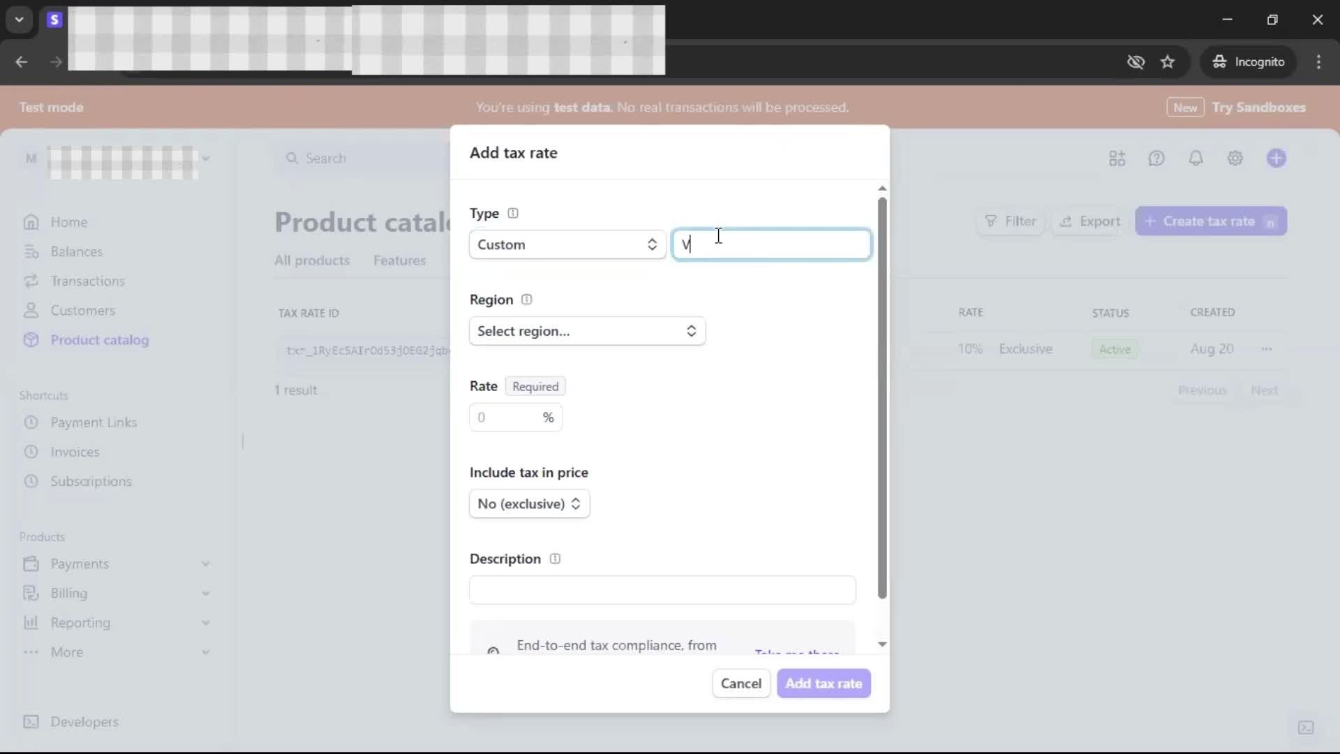 Adding tax rate screenshot