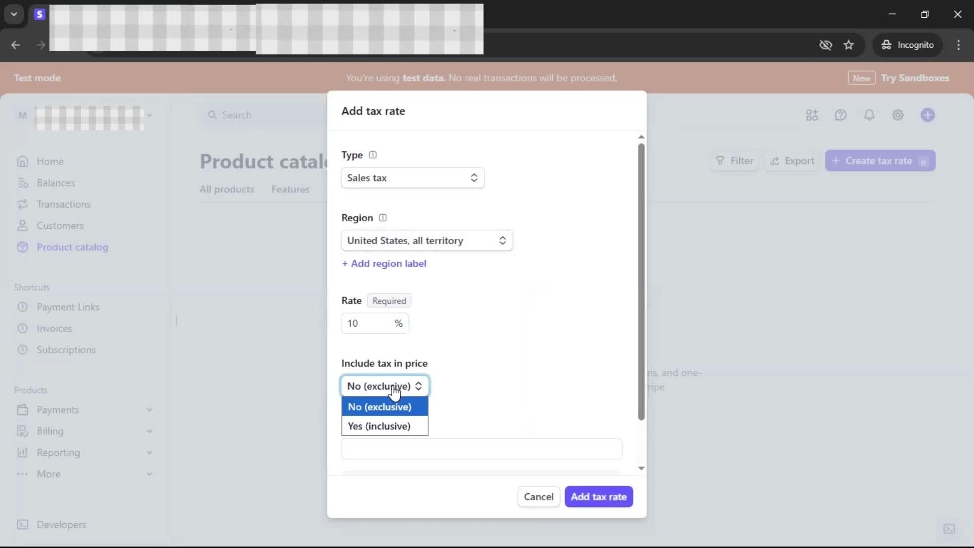 Adding tax rate screenshot