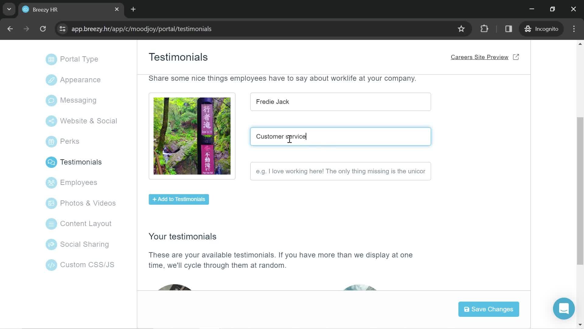 Adding testimonials screenshot