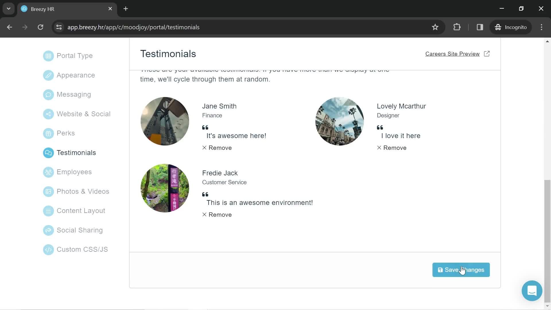 Adding testimonials screenshot