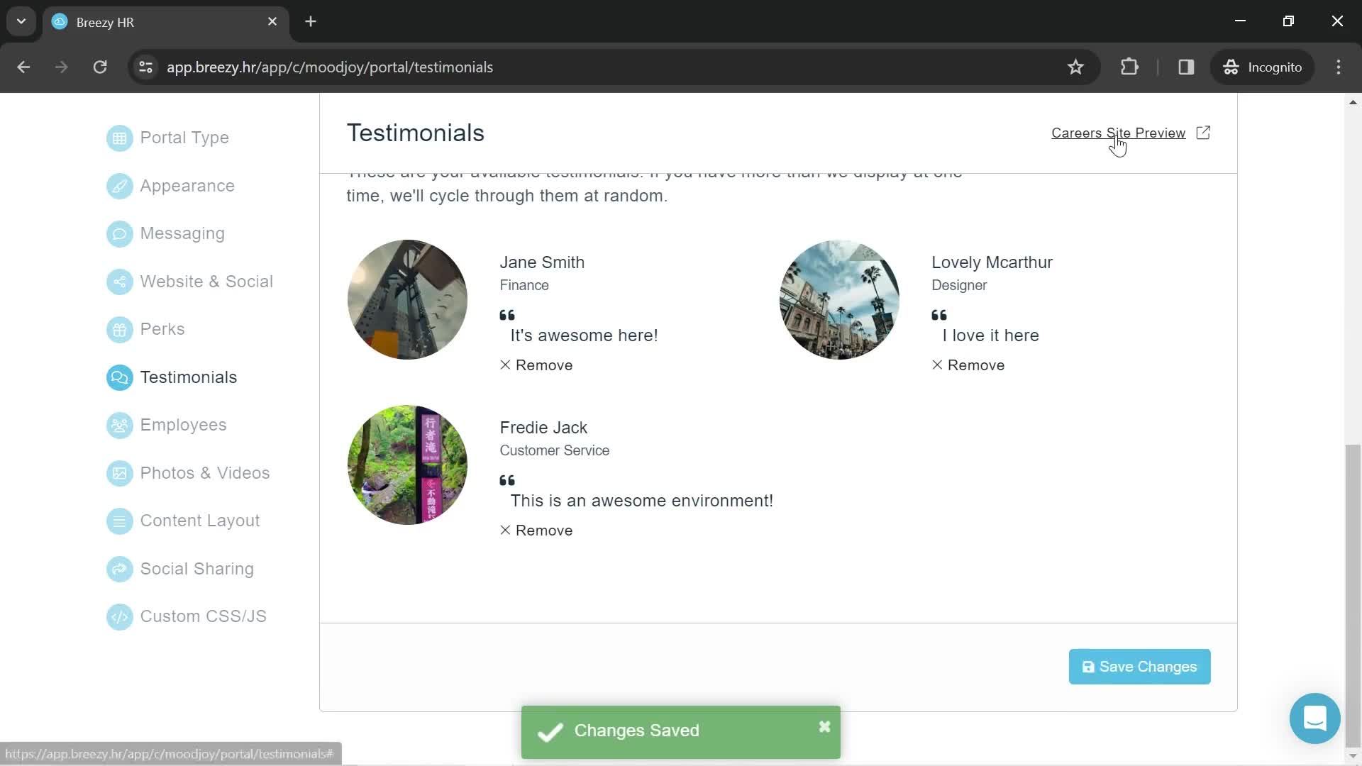 Adding testimonials screenshot