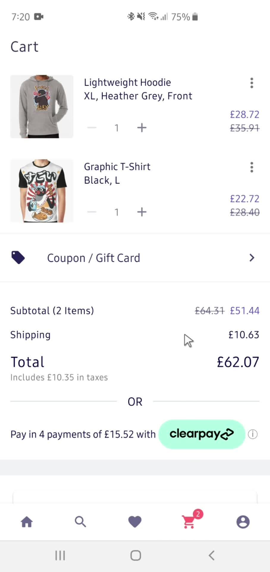 Adding to cart screenshot
