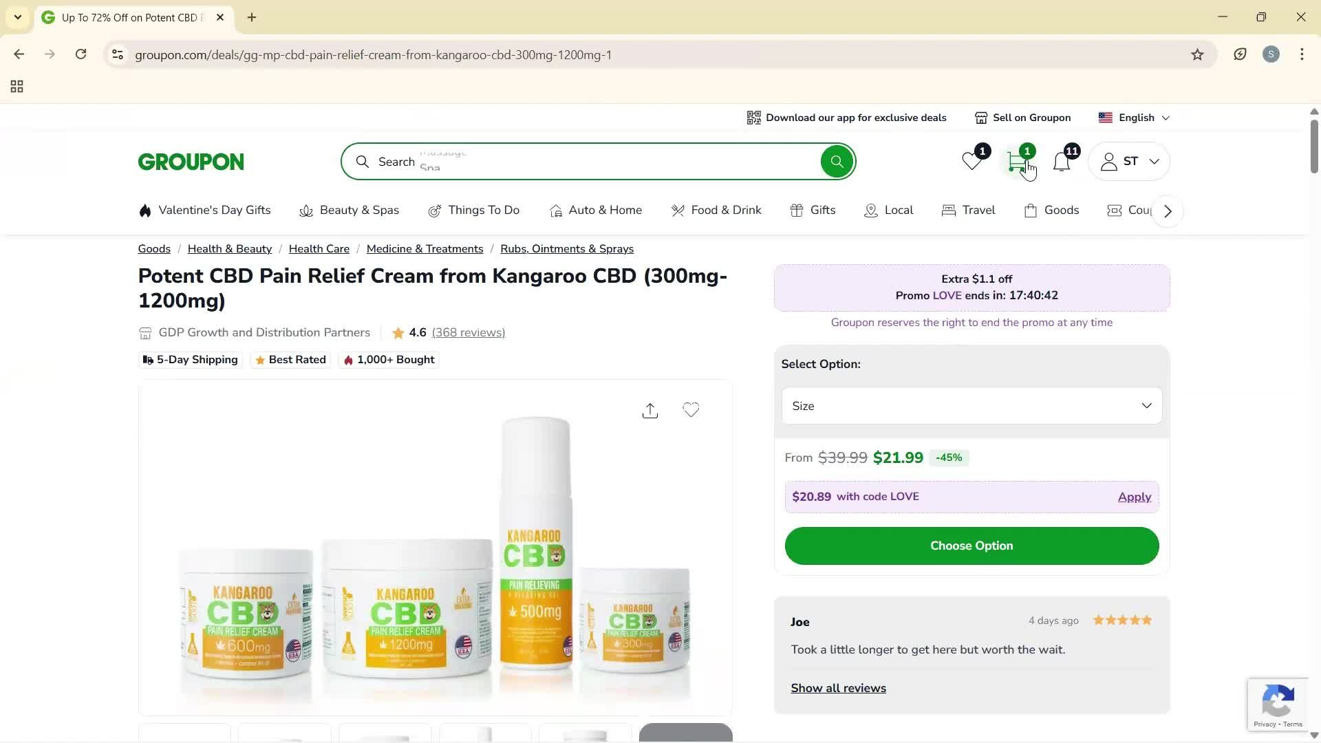 Adding to cart screenshot