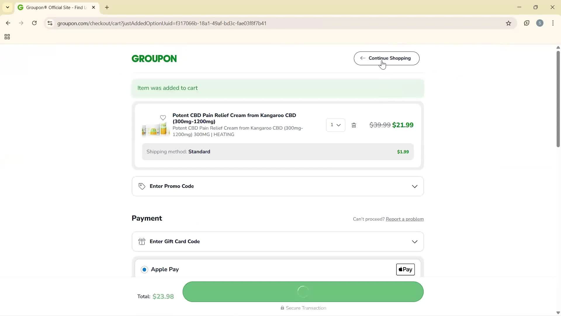 Adding to cart screenshot