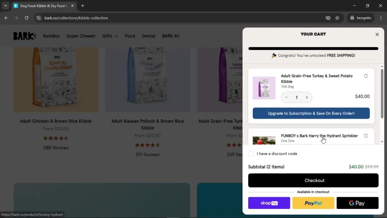 Adding to cart screenshot