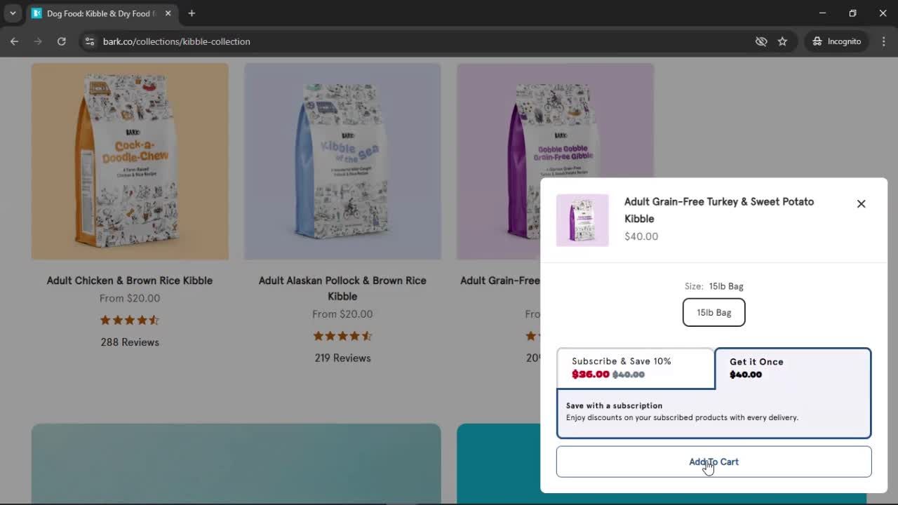 Adding to cart screenshot