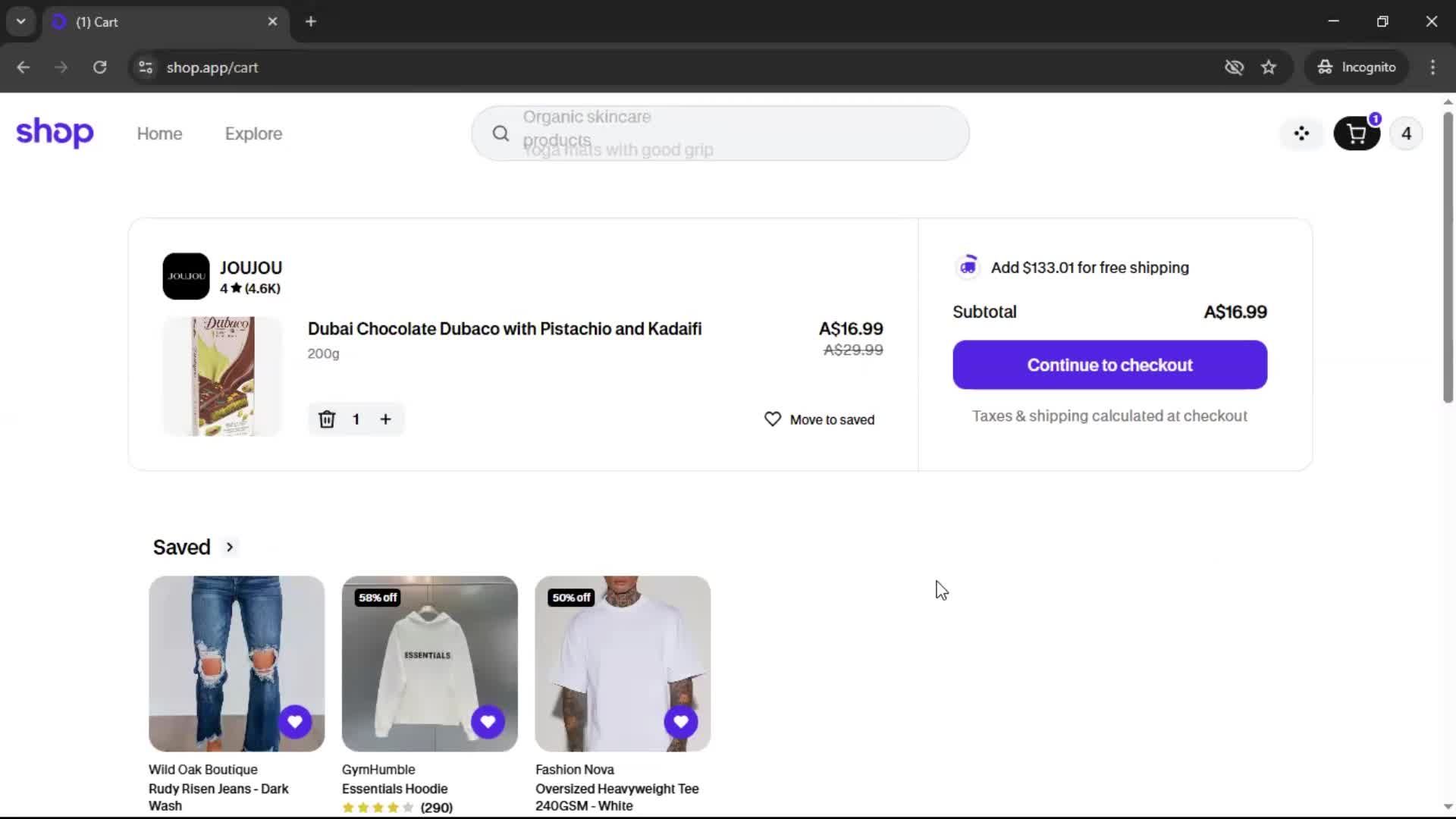Adding to cart screenshot