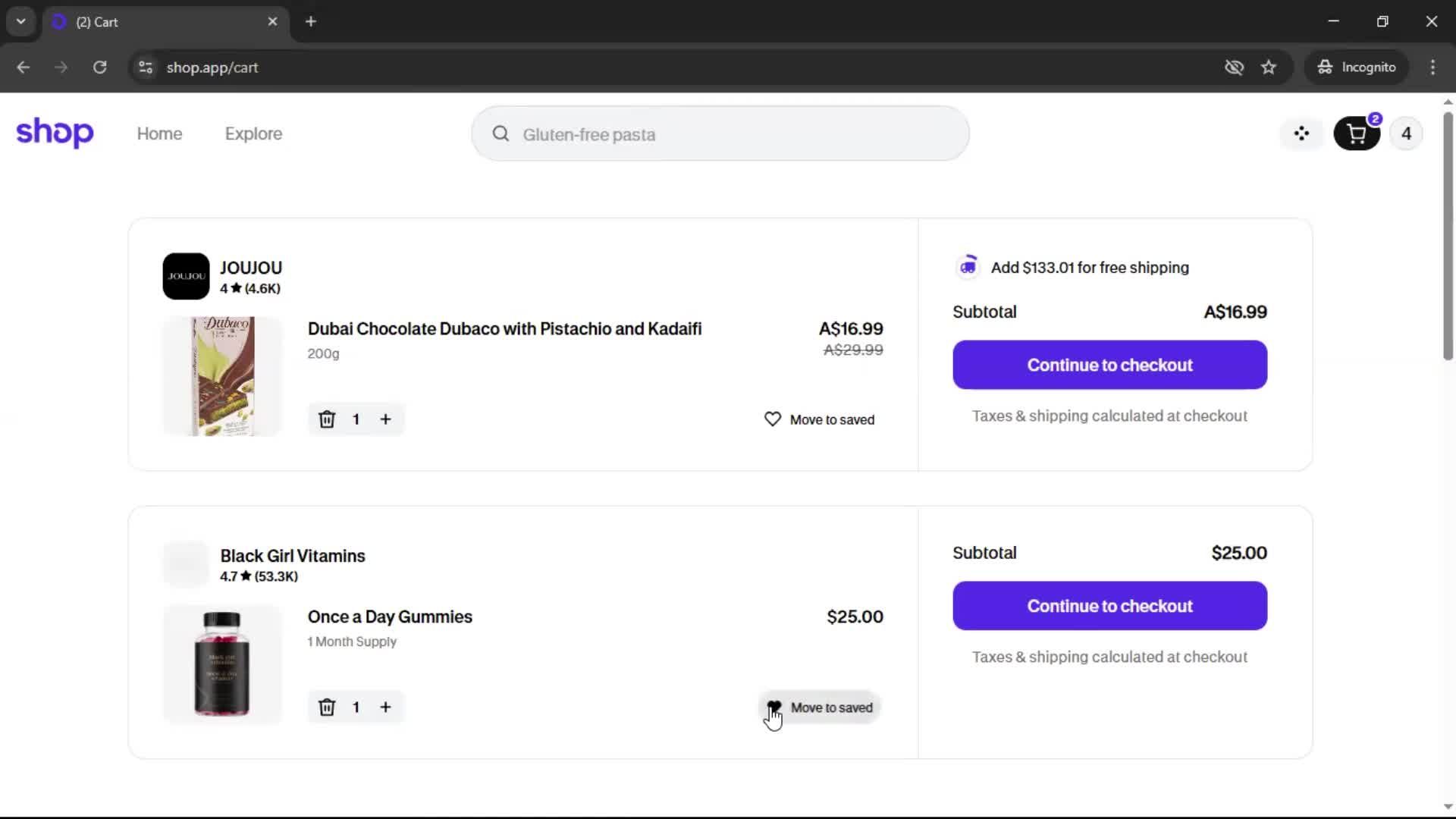 Adding to cart screenshot