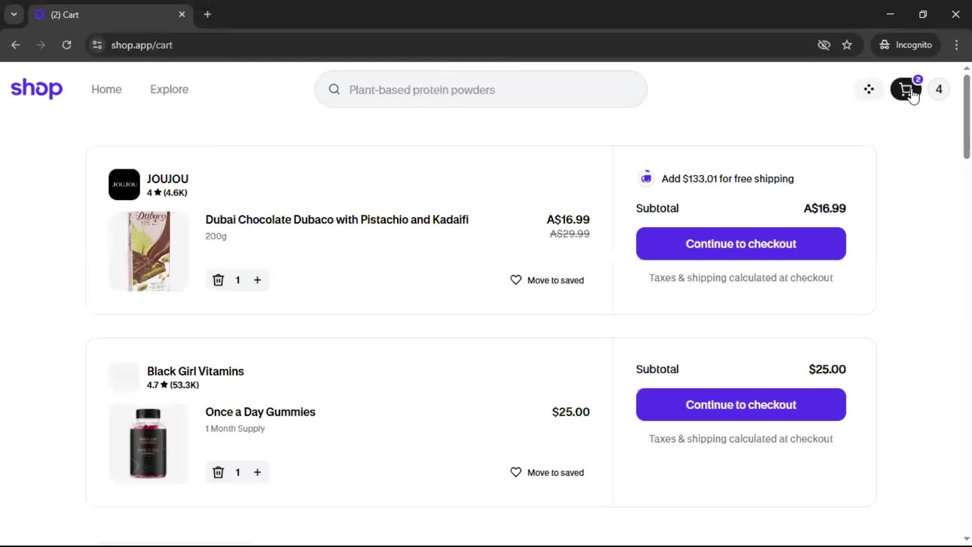 Adding to cart screenshot