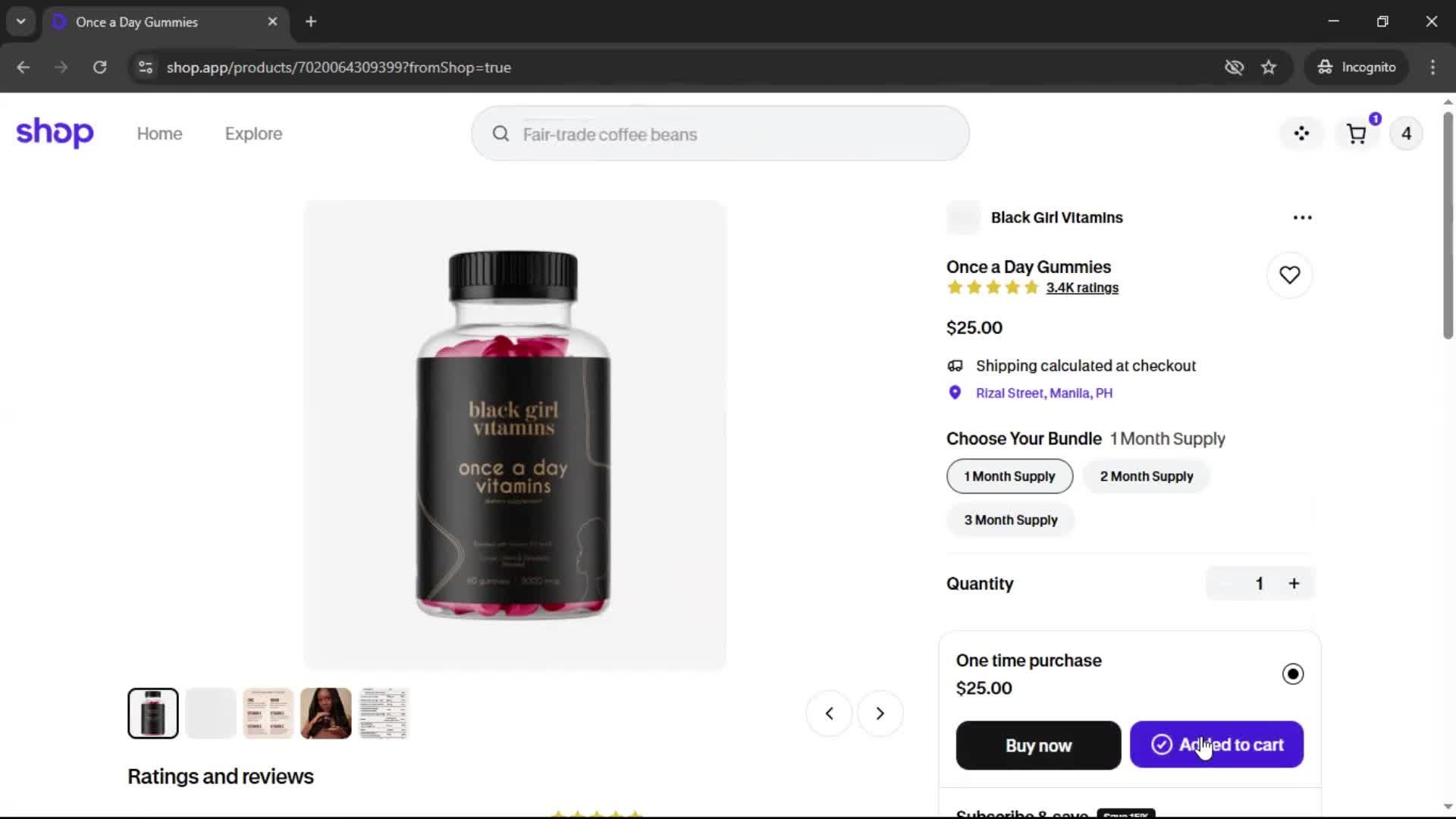 Adding to cart screenshot