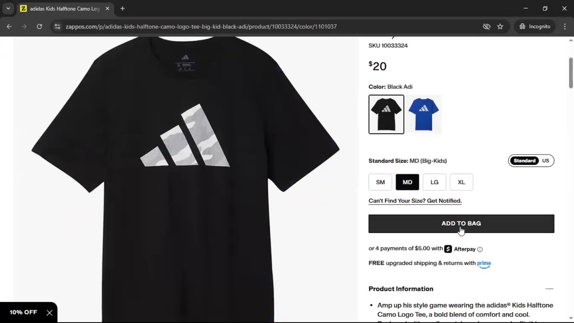 Adding to cart screenshot